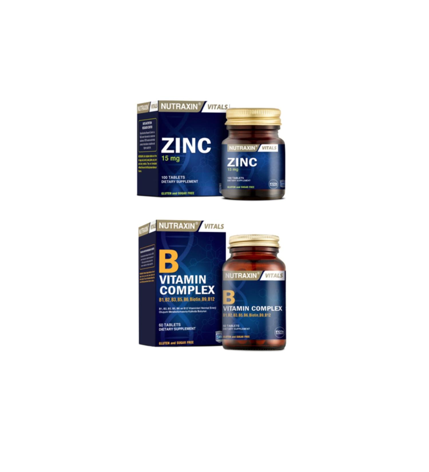 Nutraxin 15 Mg Zinc Mineral Containing Supplementary Food 100 Tablets + B Vitamin Complex 60 Tablets