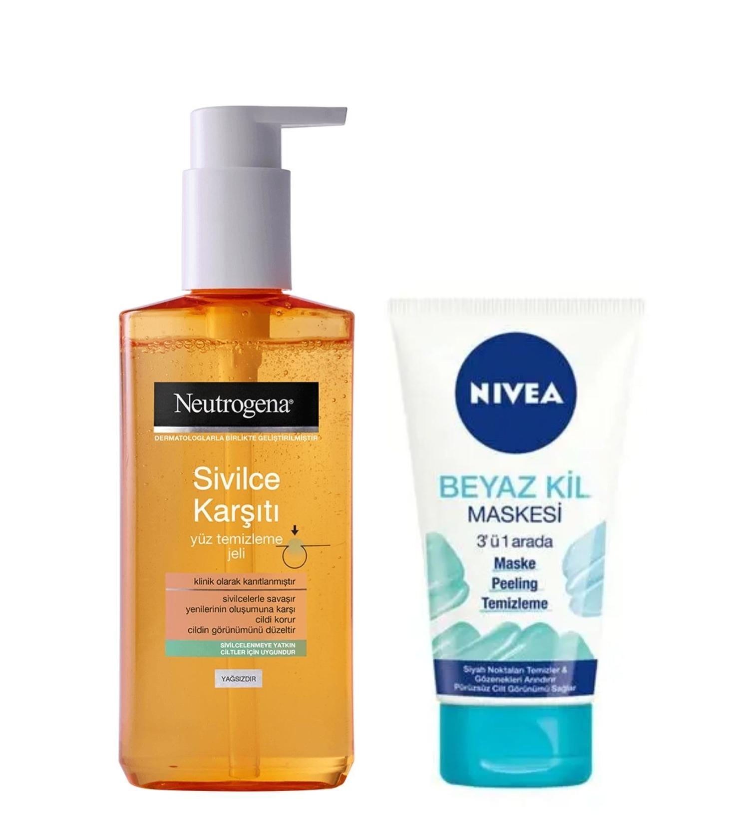 Neutrogena Anti-Acne Facial Cleansing Gel 200 Ml & Nivea White Clay Mask 3 in 1 Mask150 Ml - Buy Online on GoSupps.com