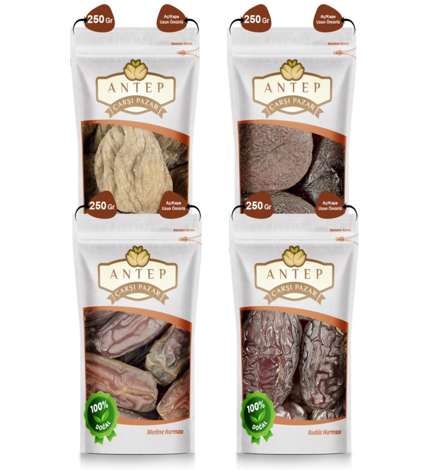 Antep Bazaar Sun Dried Apricots - Pears Figs - Jerusalem Dates - Medina Dates | (4 Packs X 250 gr)