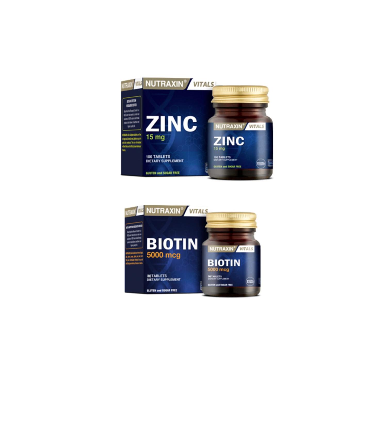 Nutraxin 15 Mg Zinc Mineral Containing Supplementary Food 100 Tablets + Biotin 5000 Mcg 30 Tablets