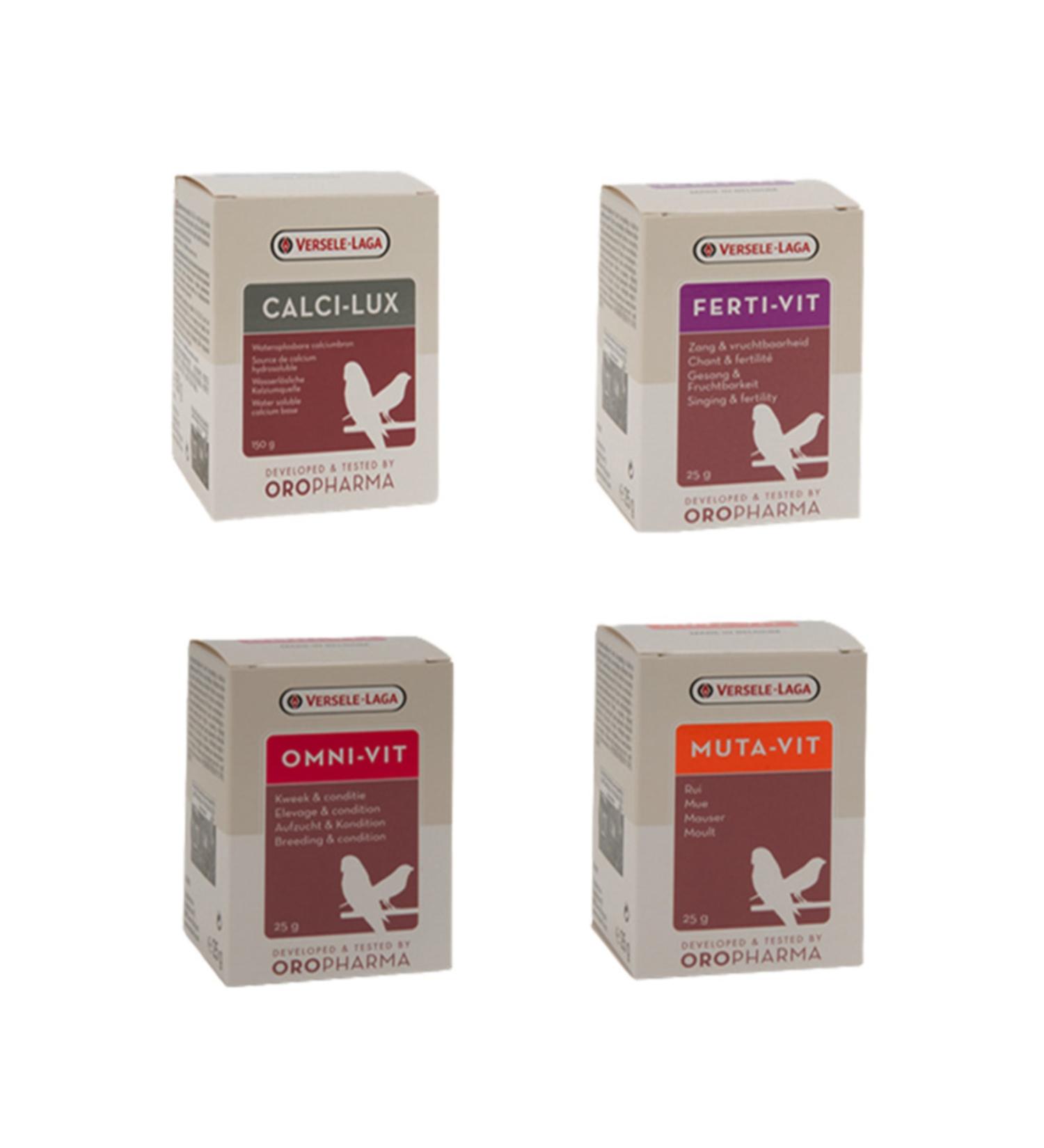 Versele Laga 4-Pack Care Set Omnivit-Mutavit-Fertivit-Calcilux 4x25 gr 4-Pack (GLASS BOTTLE - DIVISION FROM ORIGINAL)