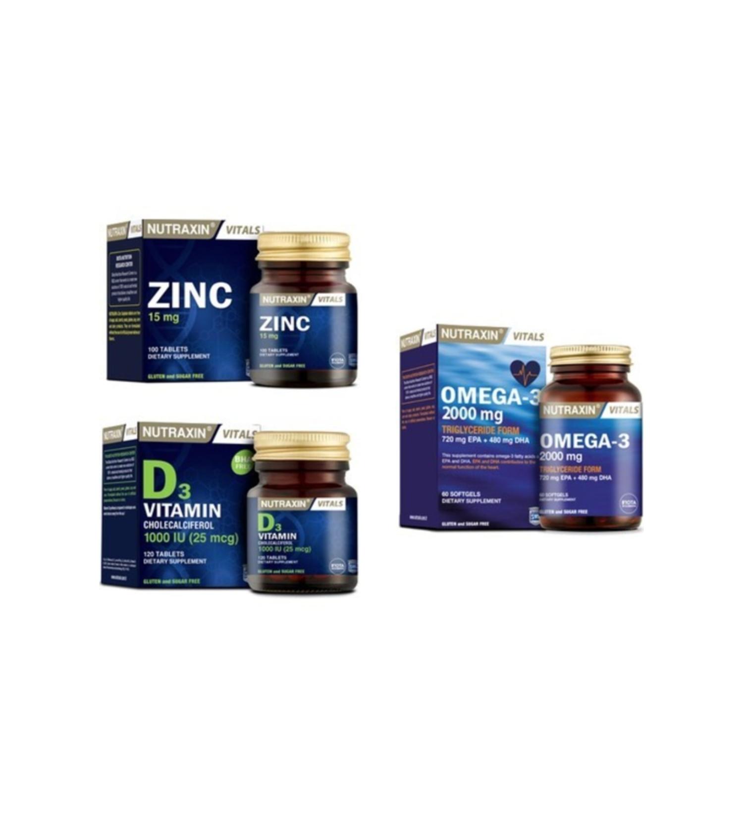 Nutraxin Omega 3 Fish Oil 2000 Mg 60 Capsules + Vitamin D3 120 Tablets + Zinc 100 Tablets