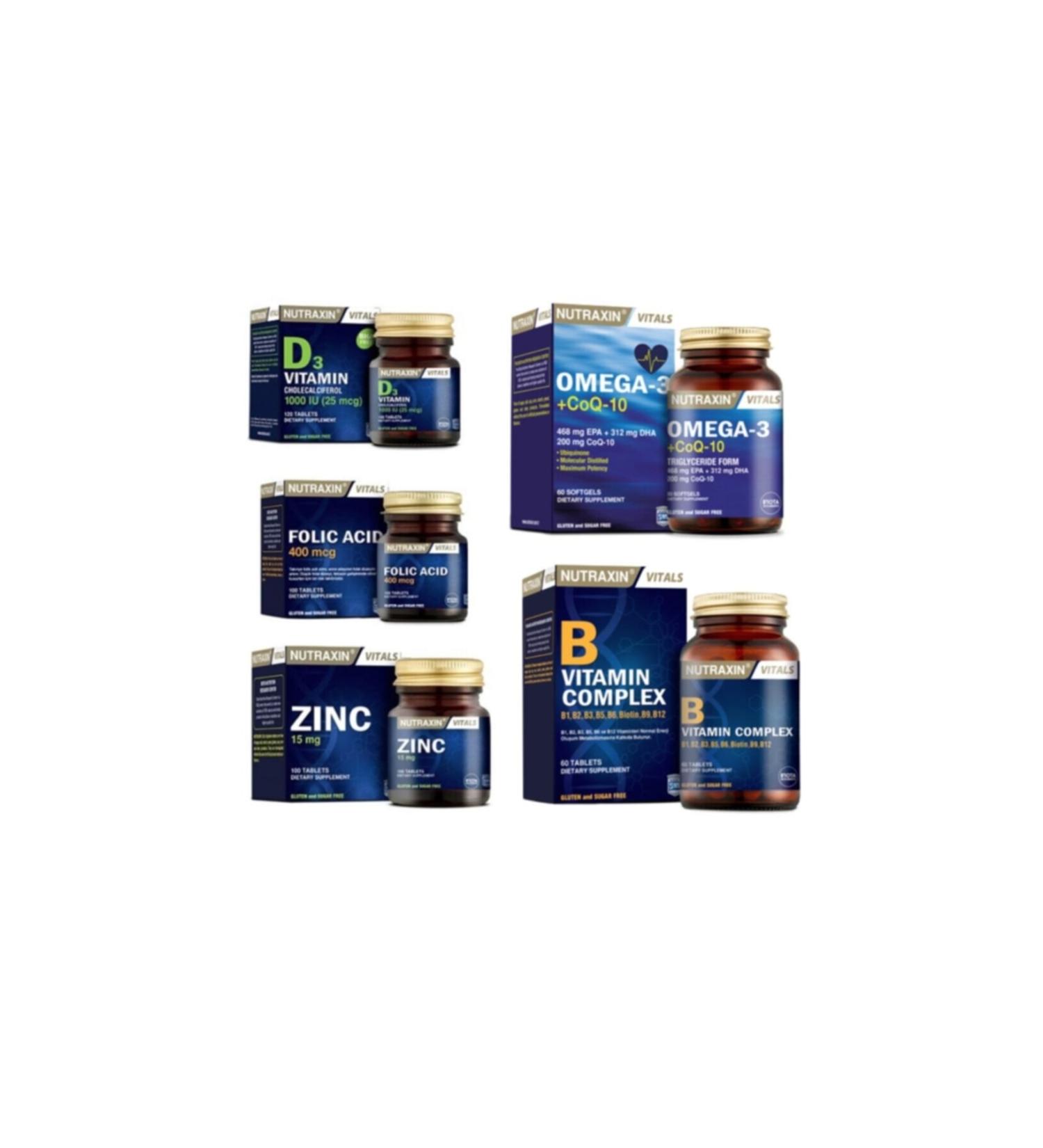 Nutraxin Omega 3 + coq-10 (coenzyme) 60 Capsules + folic acid + zinc + vitamin D3 + vitamin B 60 tablets