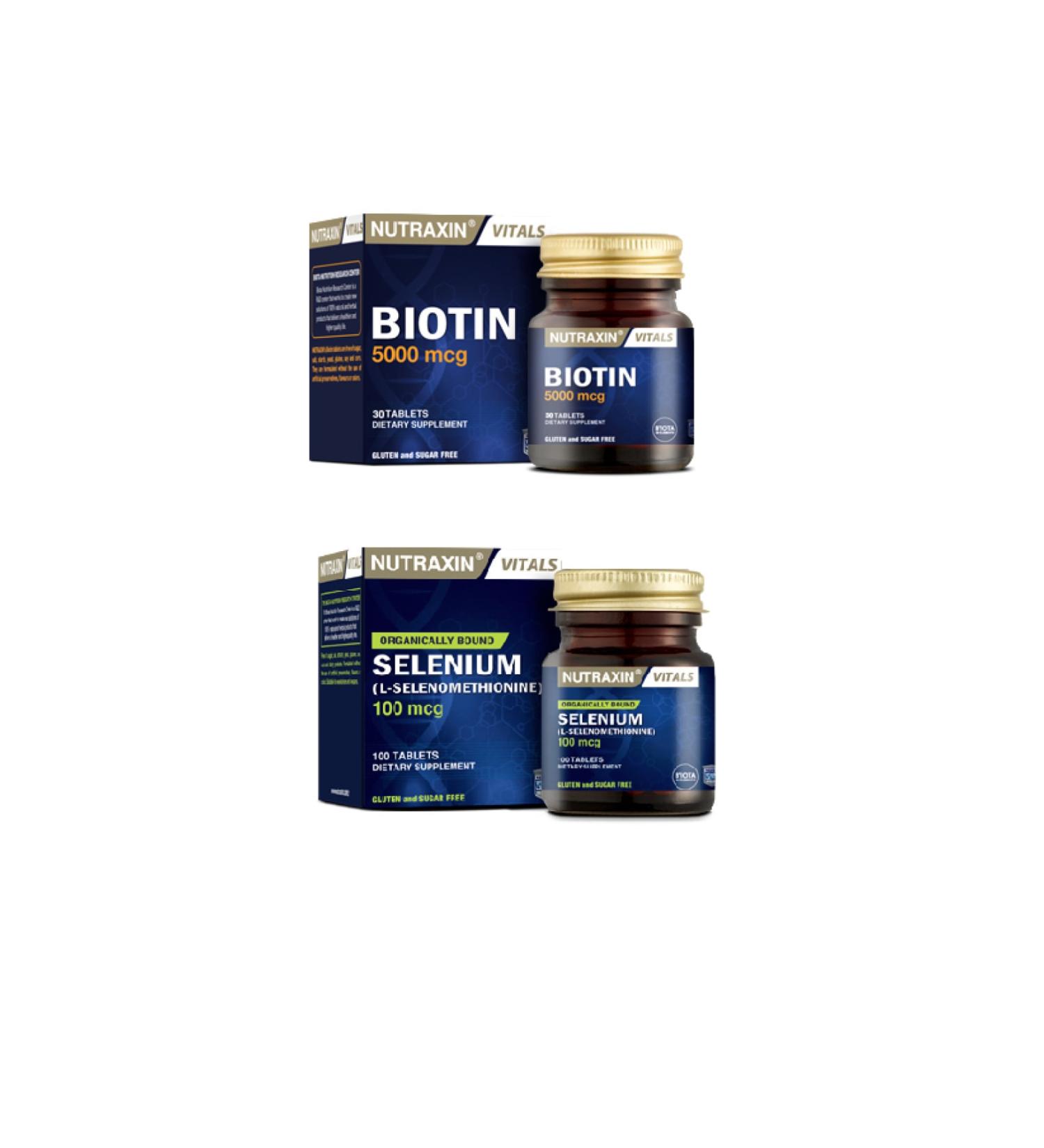 Nutraxin Anti-Hair Loss Supplementary Food Containing Biotin 30 Tablets + Selenium 100mcg 100 Tablets