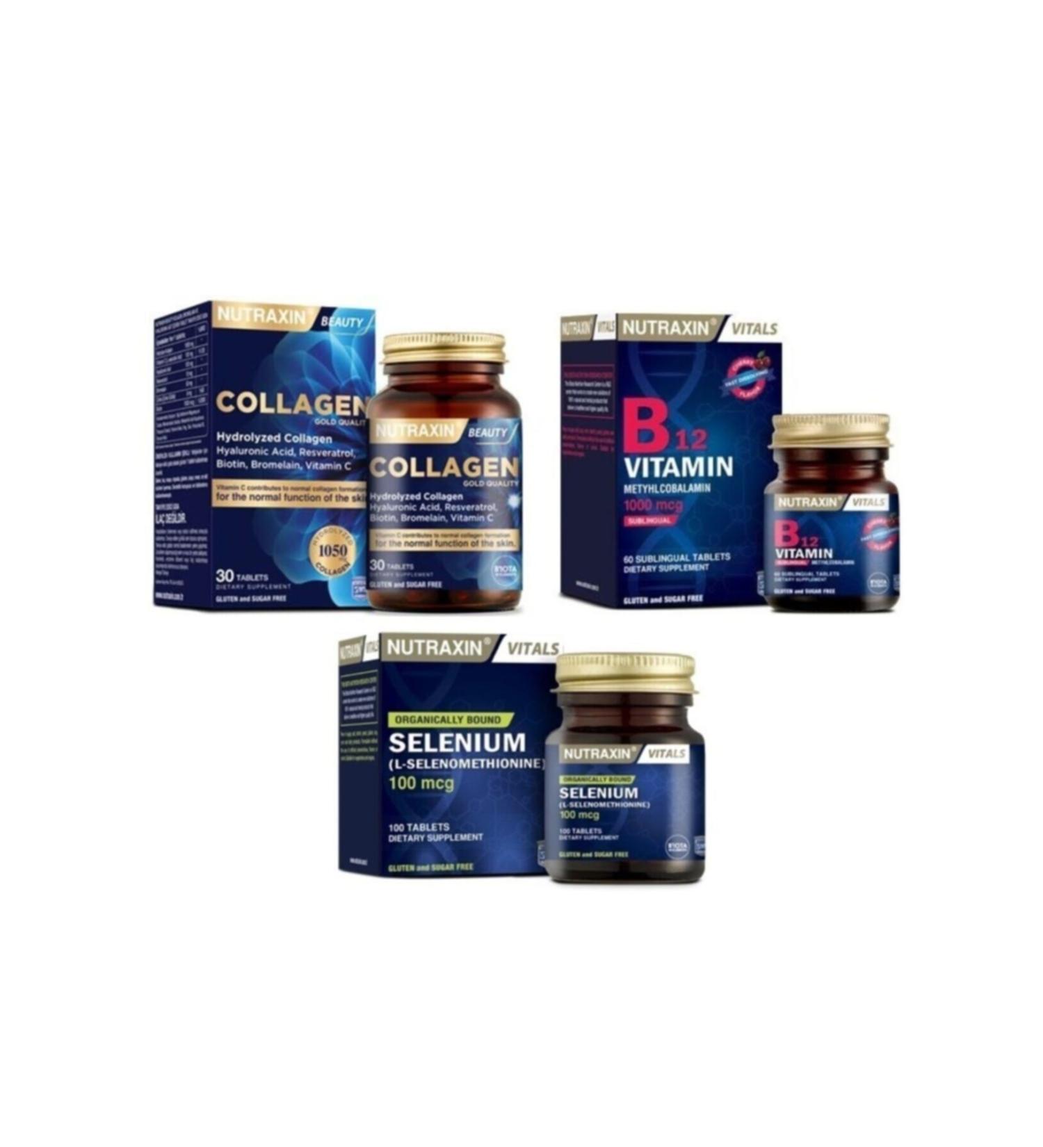 Nutraxin Selenium 100 Mcg 100 Tablets + Type 1 and Type 3 Hydrolyzed Collagen Containing 30 Tablets + b12 1000 Mcg 60 Tablets