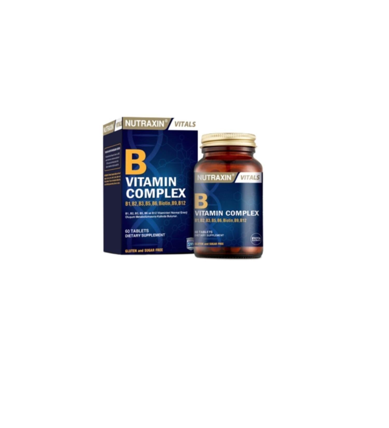 Nutraxin B Vitamin Complex Containing B1 B2 B3 B5 B6 B12 and Biotin 60 Tablets