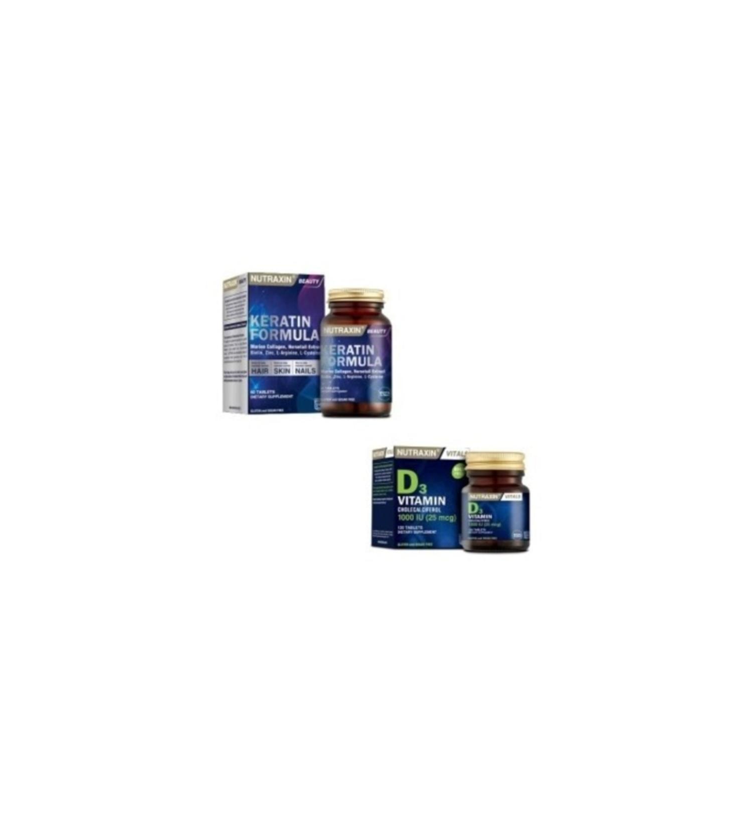 Nutraxin Keratin Formula Hair Care Tablet + D3 120 Tablets 1000iu
