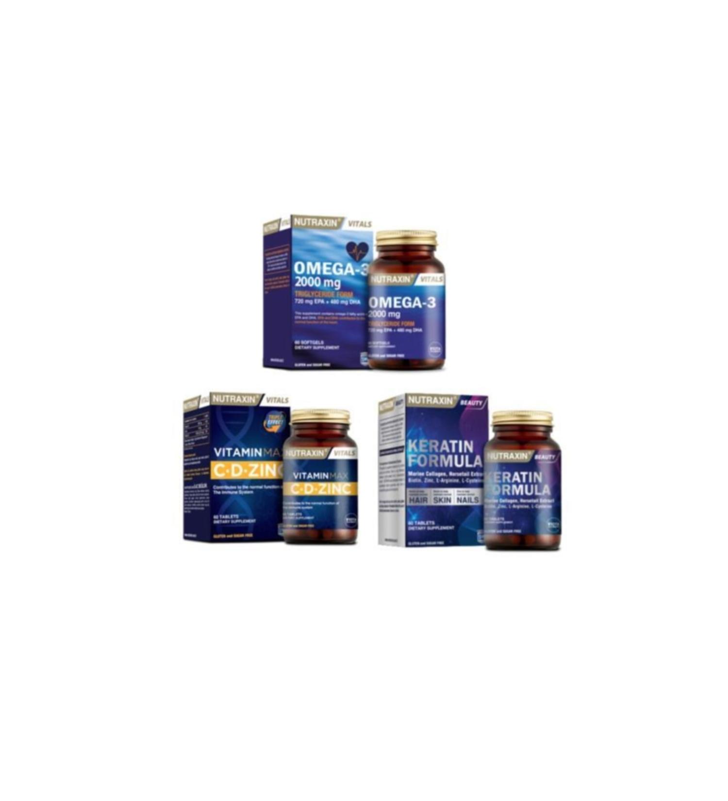 Nutraxin Omega 3 Fish Oil 2000mg 60 Capsules+Vitamin Max (c d zinc) 60 Tablets+Keratin for Hair and Nails