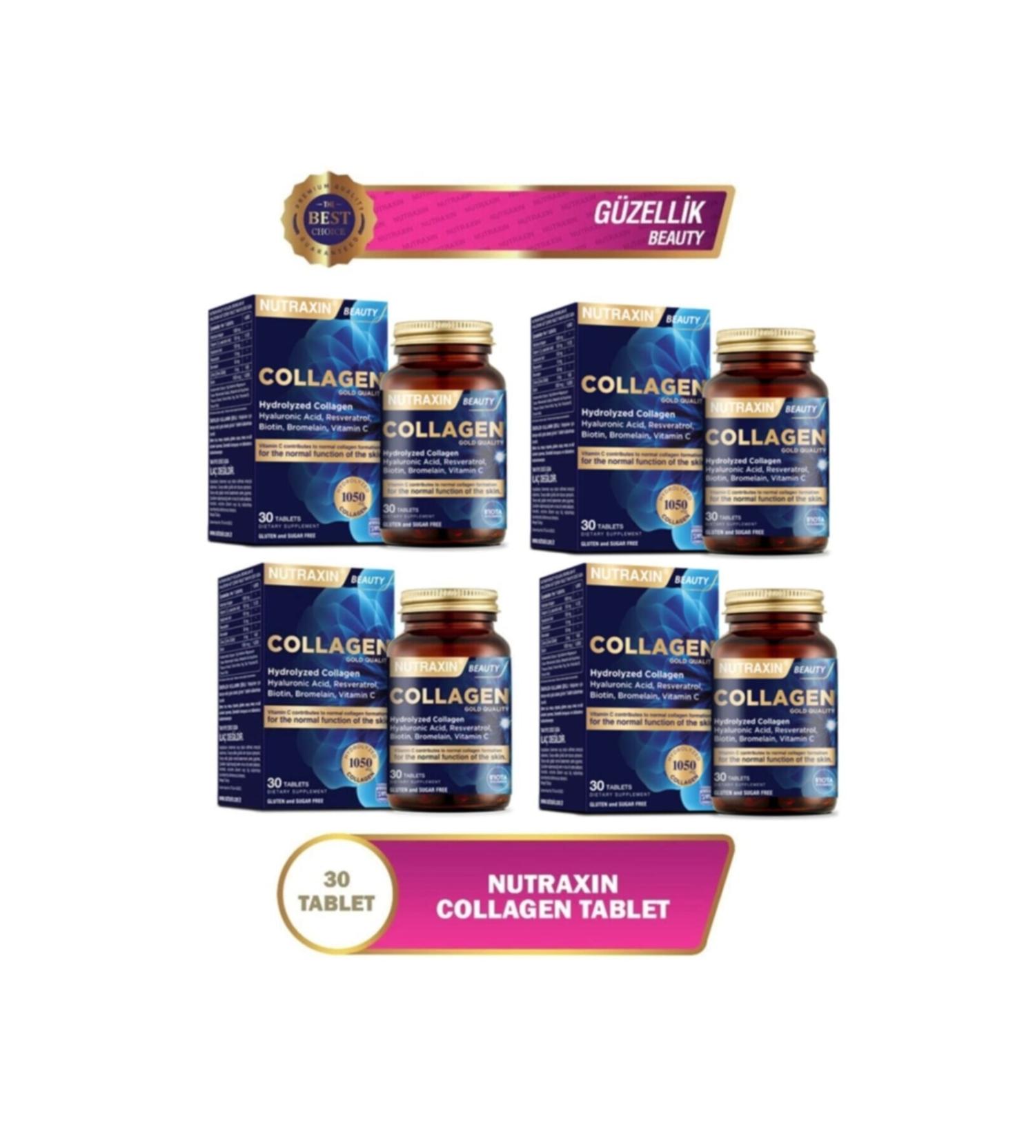 Nutraxin Hydrolyzed Collagen Supplement Containing Hyaluronic Acid Resveratrol Biotin and Zinc 30 Tablets X4 Pieces