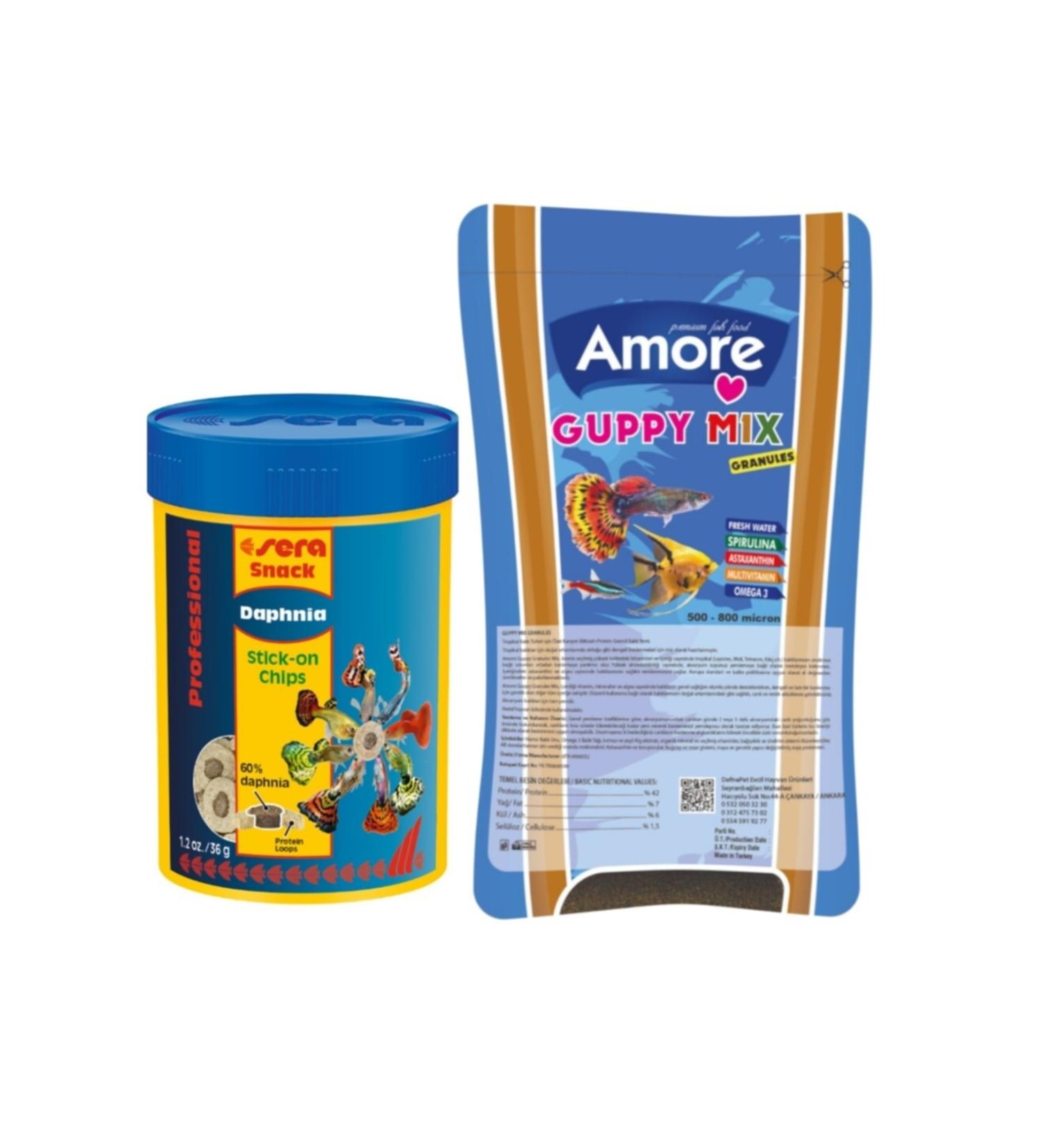 AMORE Guppy Mix Granules 45gr Bag and Sera Daphnia Water Flea 100ml Box Tropical Fish Food