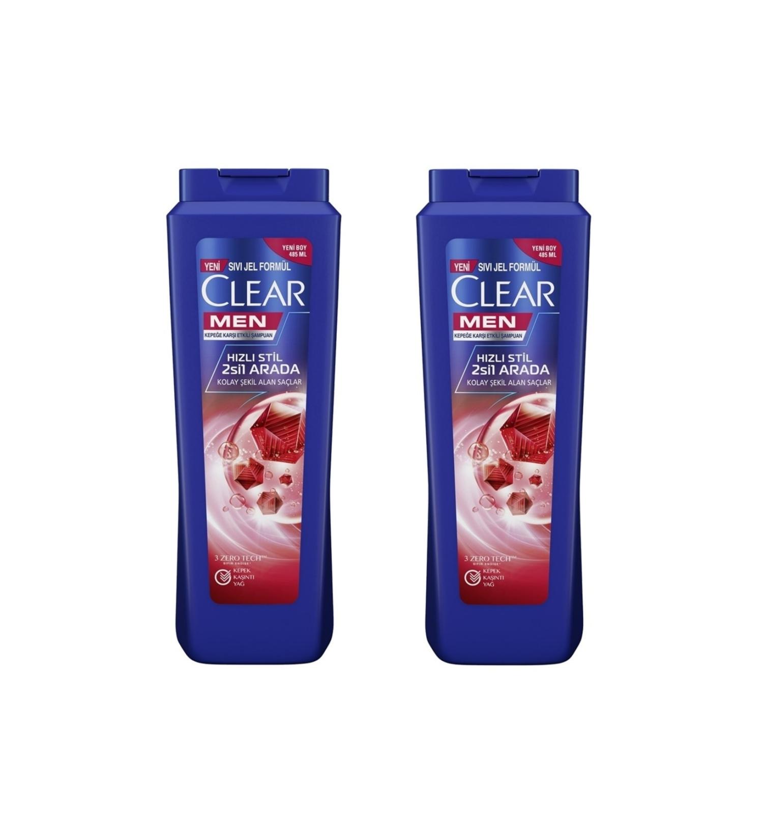 Clear Men Shampoo 2 in 1 Quick Style Effective Against Dandruff Easy to Shape Hair 485ml 2-pack