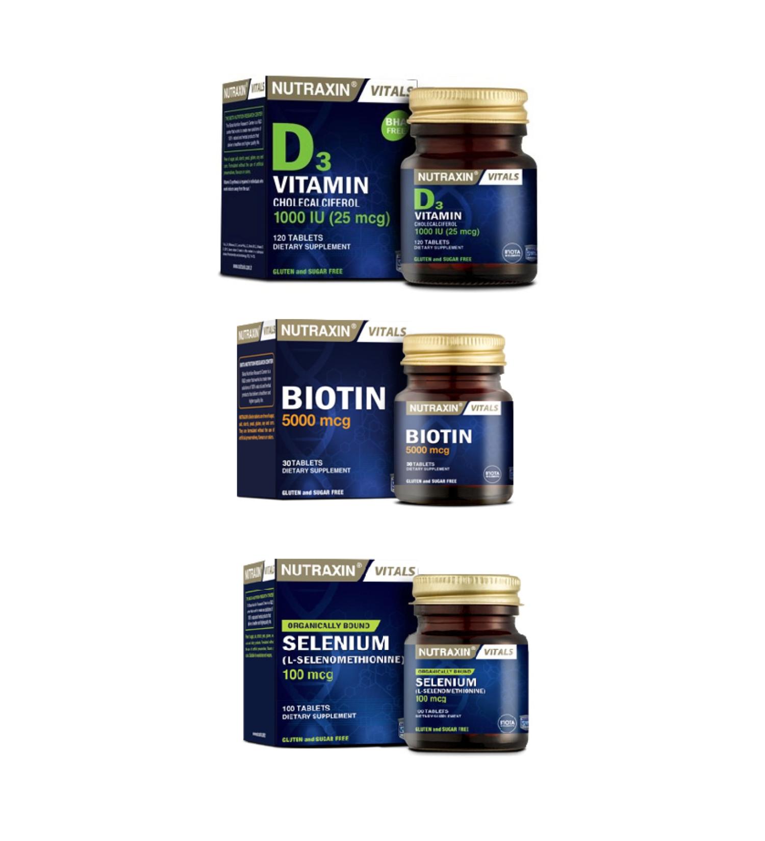 Nutraxin Vitals Biotin 5000 Mcg 30 Tablets+selenium 100mcg 100 Tablets+Vitamin D3 120 Tablets