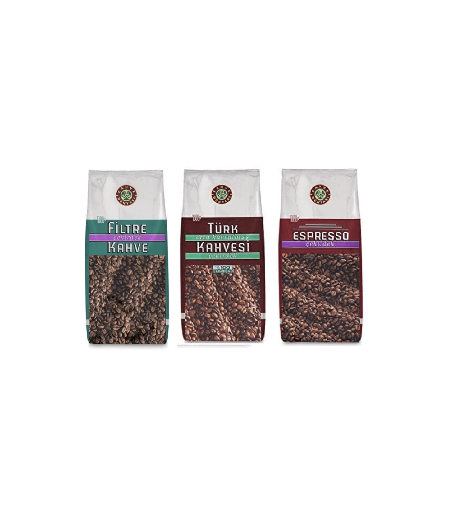 Coffee World 3-Piece Bean Coffee Opportunity Package -1 Kg Turkish Coffee -1 Kg Espresso -1 Kg Filter Coffee