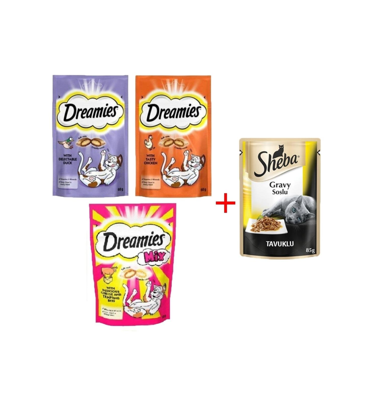Dreamies Cat Reward Food Mixed Package 3x60gr and Sheba Pouch Chicken Canned Cat Food 85gr