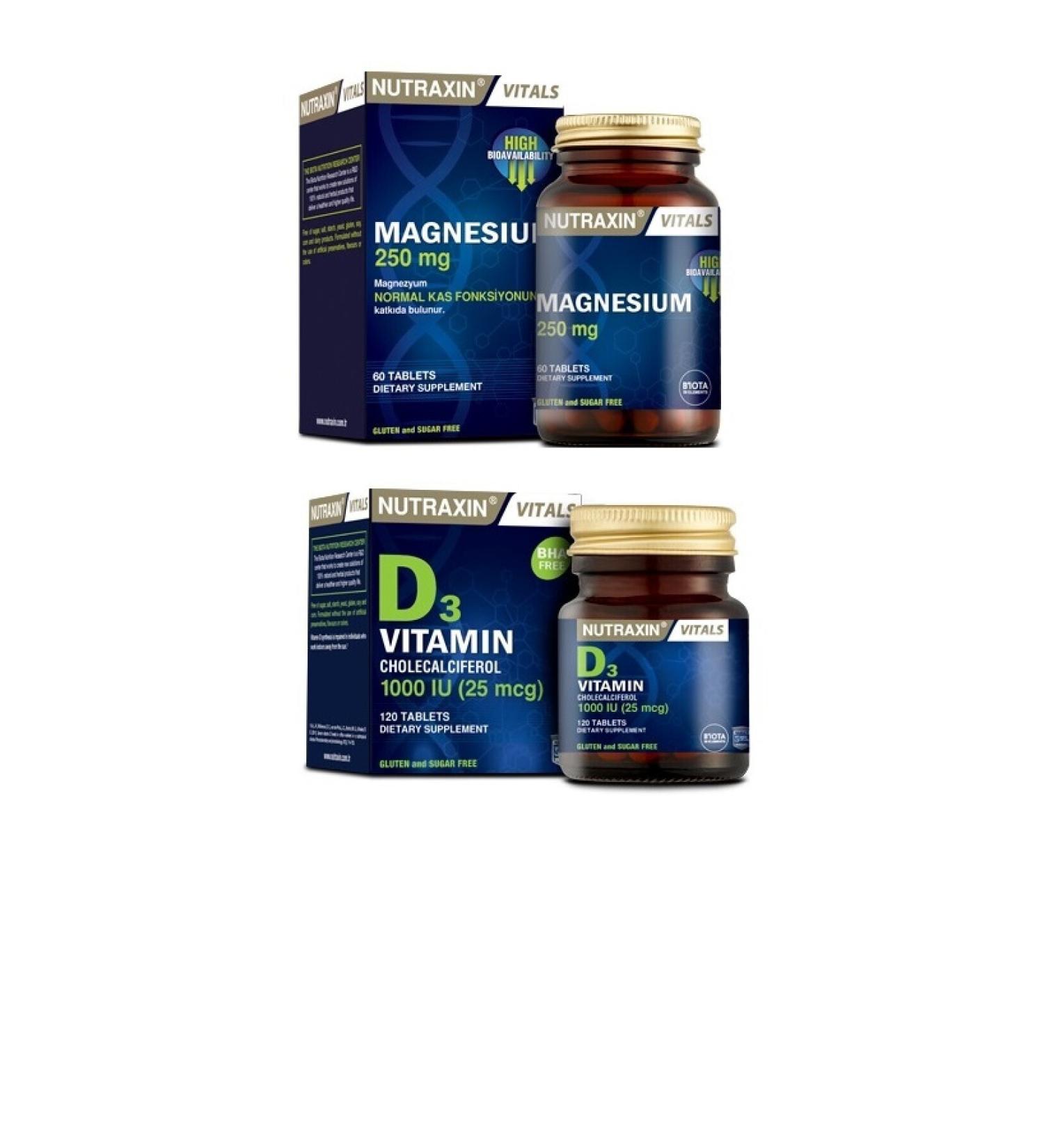 Nutraxin Magnesium Supplement for Adults 60 Tablets + Vitamin D3 1000 Iu 120 Tablets