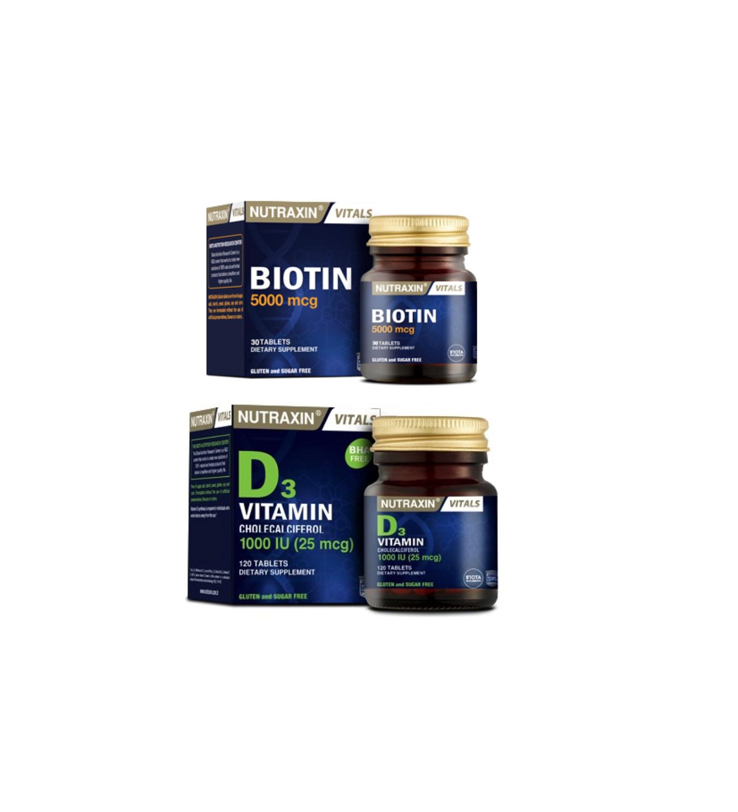 Nutraxin Vitals Biotin 5000 Mcg 30 Tablets + Vitamin D3 120 Tablets