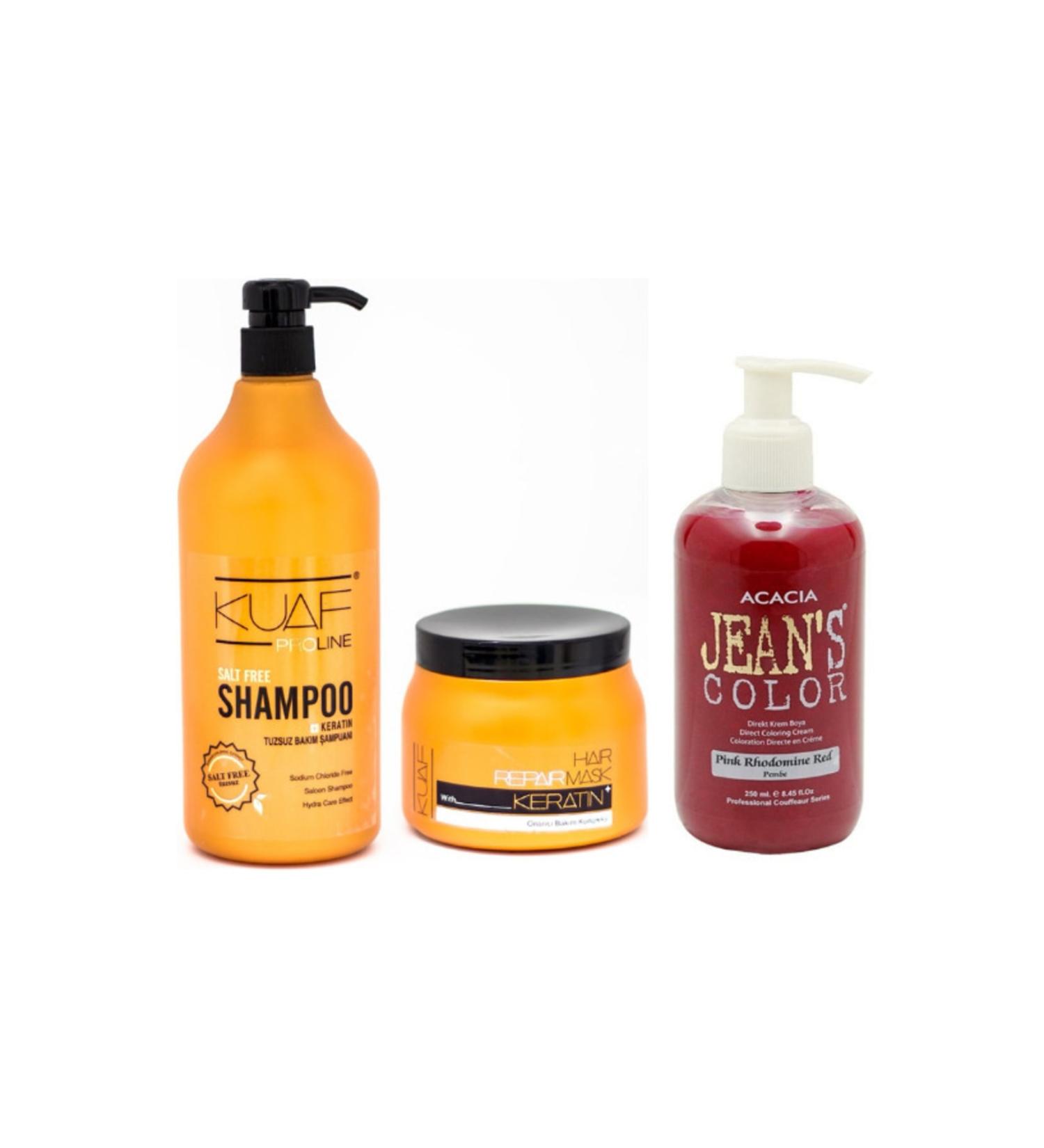 Kuaf Salt-Free Shampoo 1000 Ml. Keratin Repair Hair Mask 500 Ml. And Jean's Color Pink Hair Dye