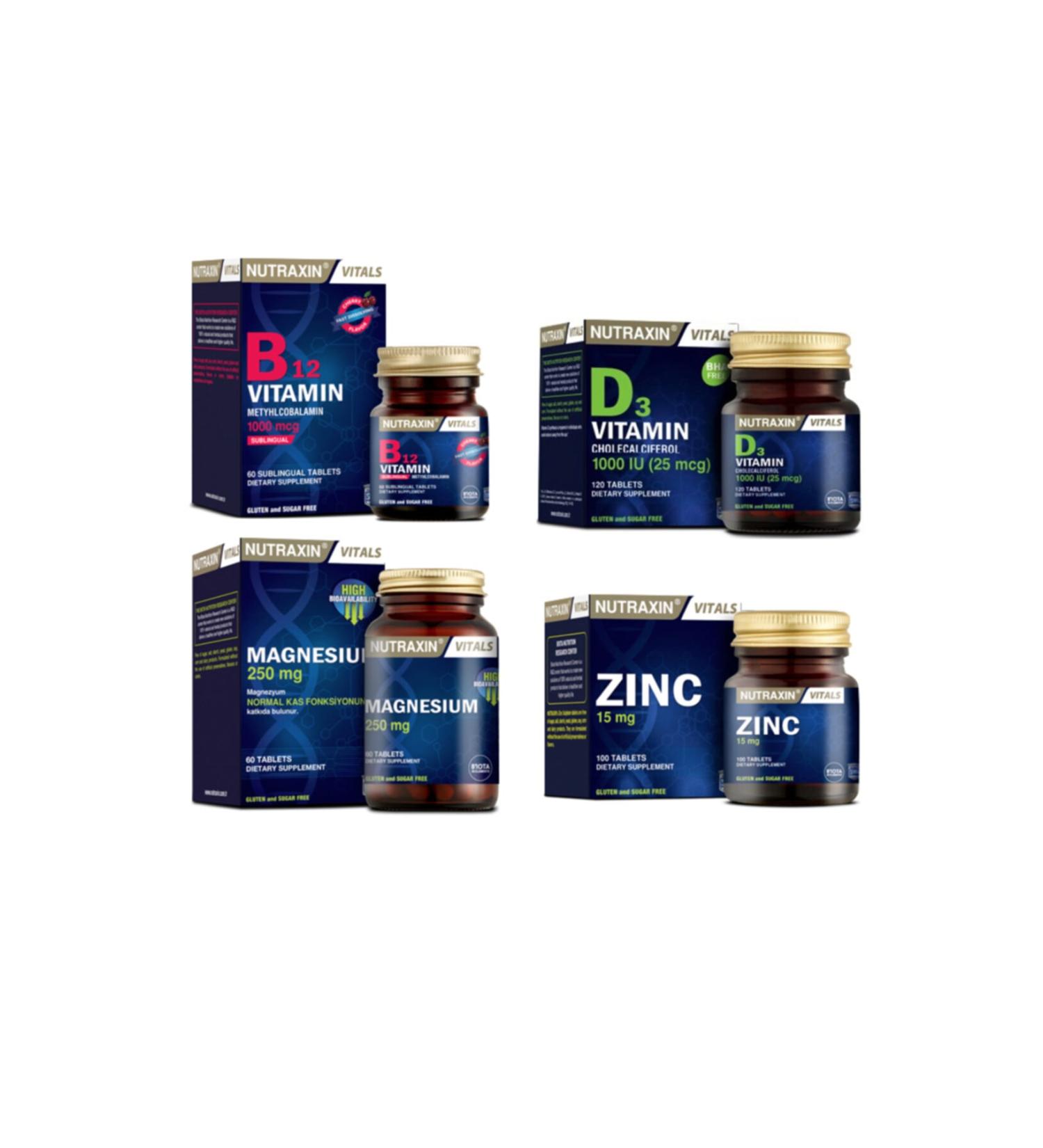 Nutraxin Vitamin B12 60 Sublingual Tablets + Vitamin D3 120 Tablets + Magnesium 60 Tablets + Zinc 15mg 100 Tablets