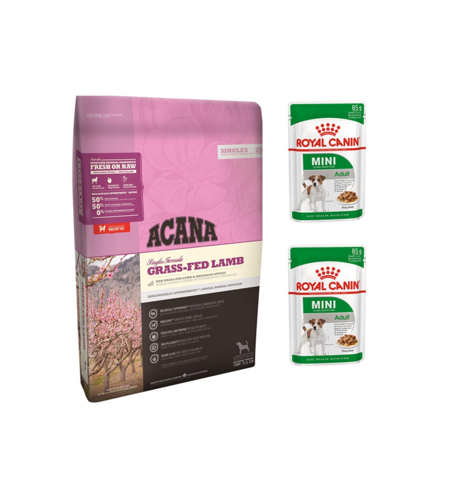 Acana Singles Grass-fed Lamb Dog Food 2 Kg + Royal Canin Adult Wet Food 2 Pieces (original)