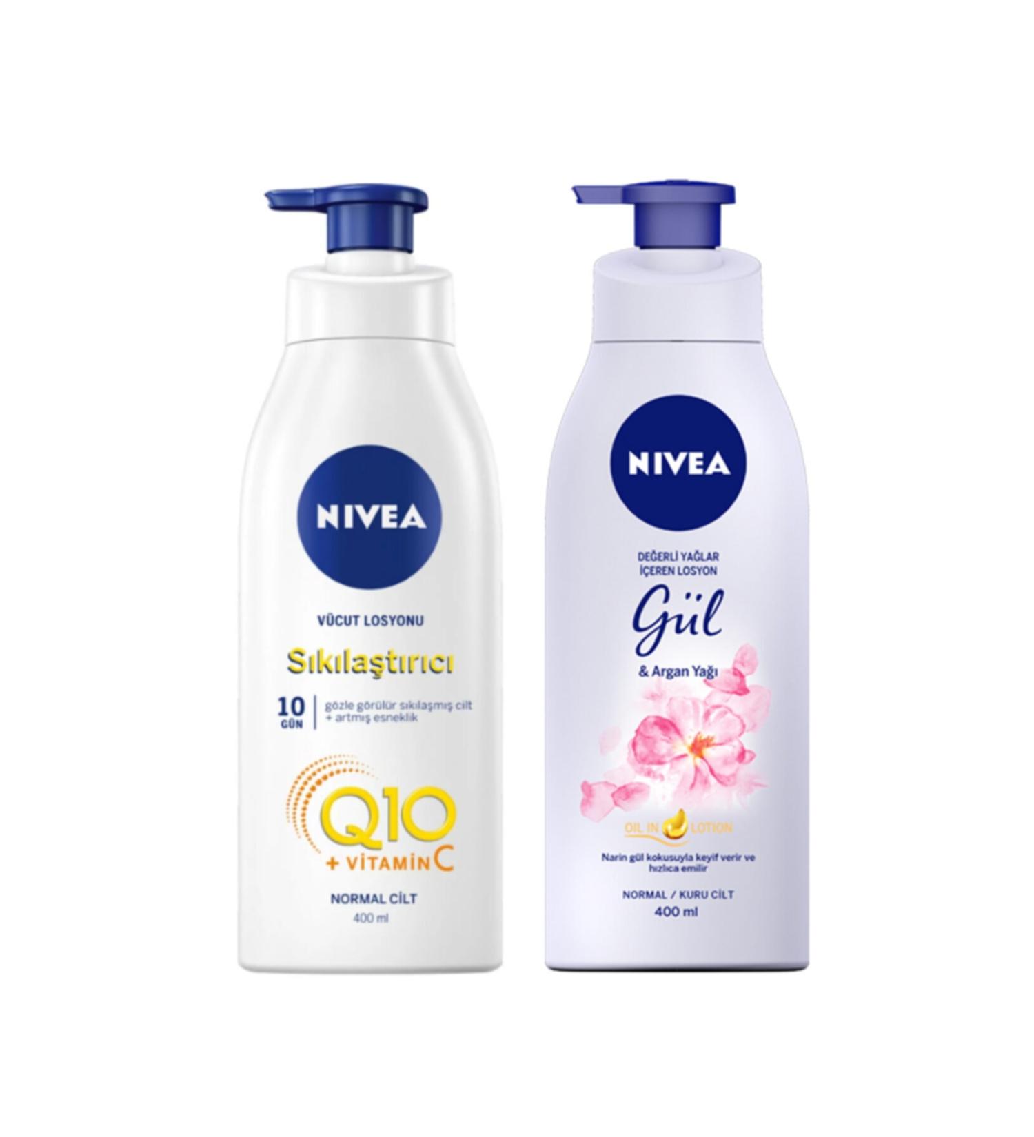 NIVEA Q10 Firming Body Lotion Pump 400 Ml + 400 Ml Rose and Argan Oil Lotion Gift