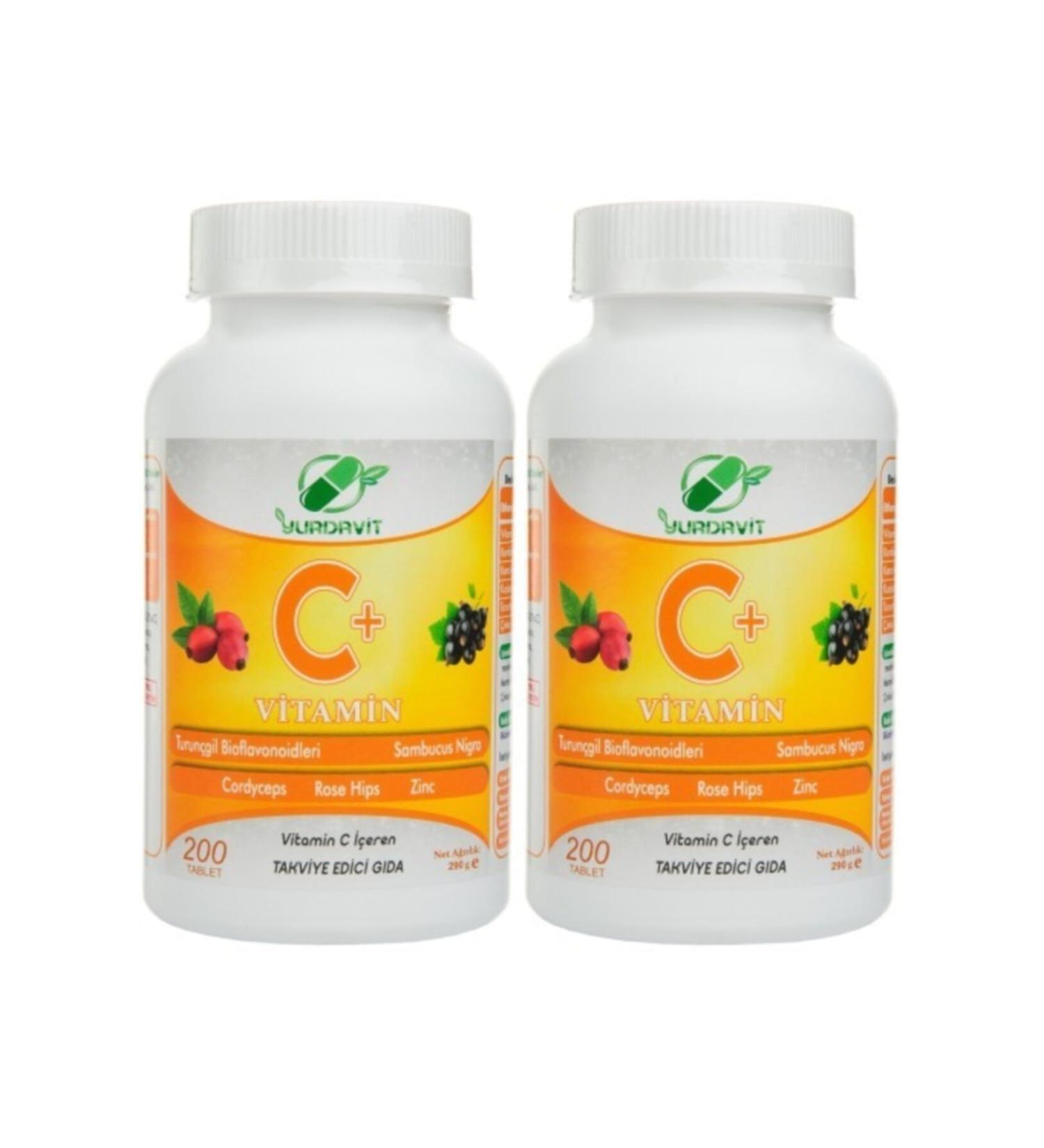 Yurdavit Vitamin C 1000 Mg Rosehip Elderberry Zinc Citrus Bioflavonoids Cordyceps 2 Pieces 200 Tablets