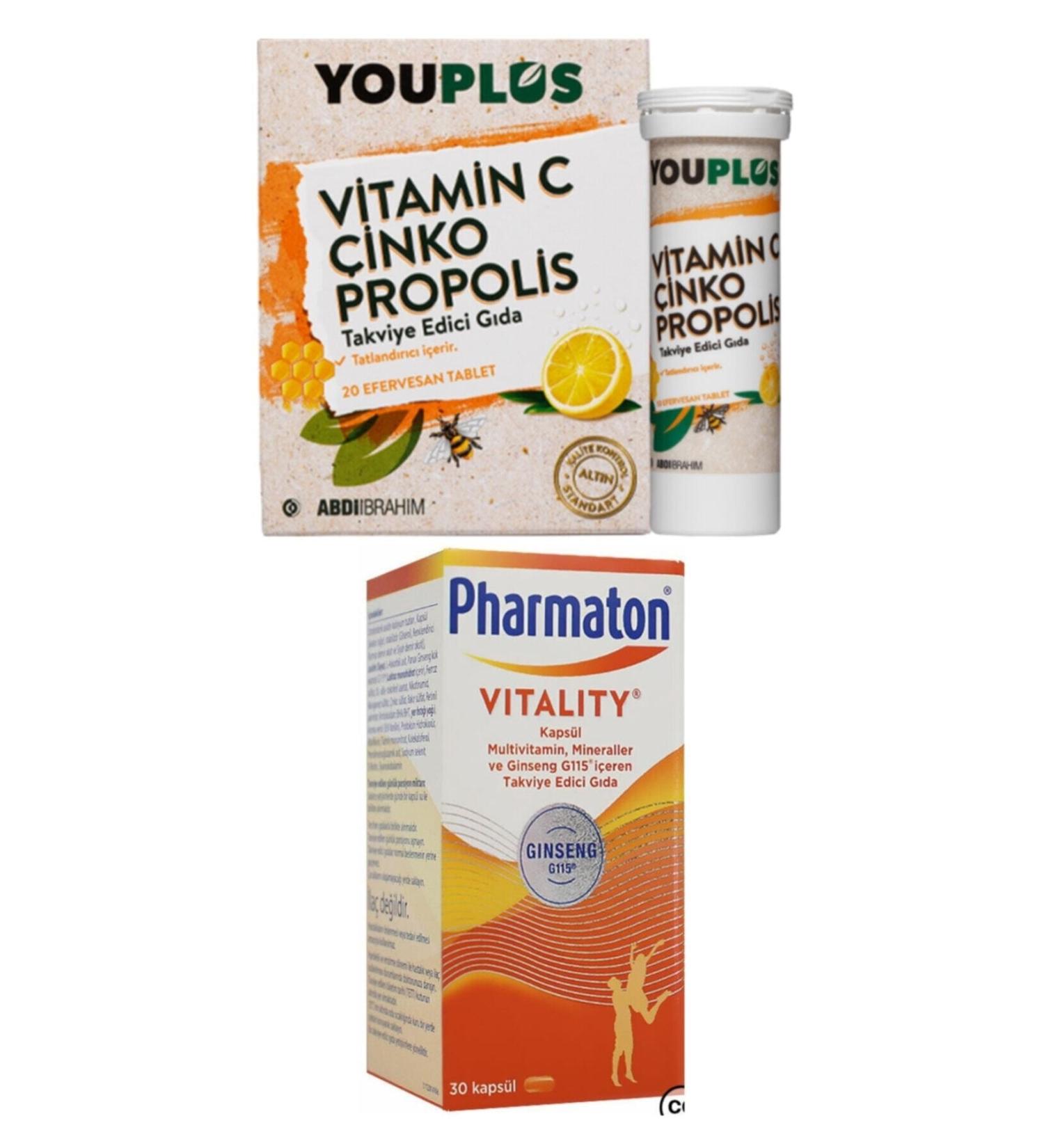 Youplus Vitamin C Zinc Propolis 20 Effervescent Tablets + Pharmaton Vitality 30 Capsules