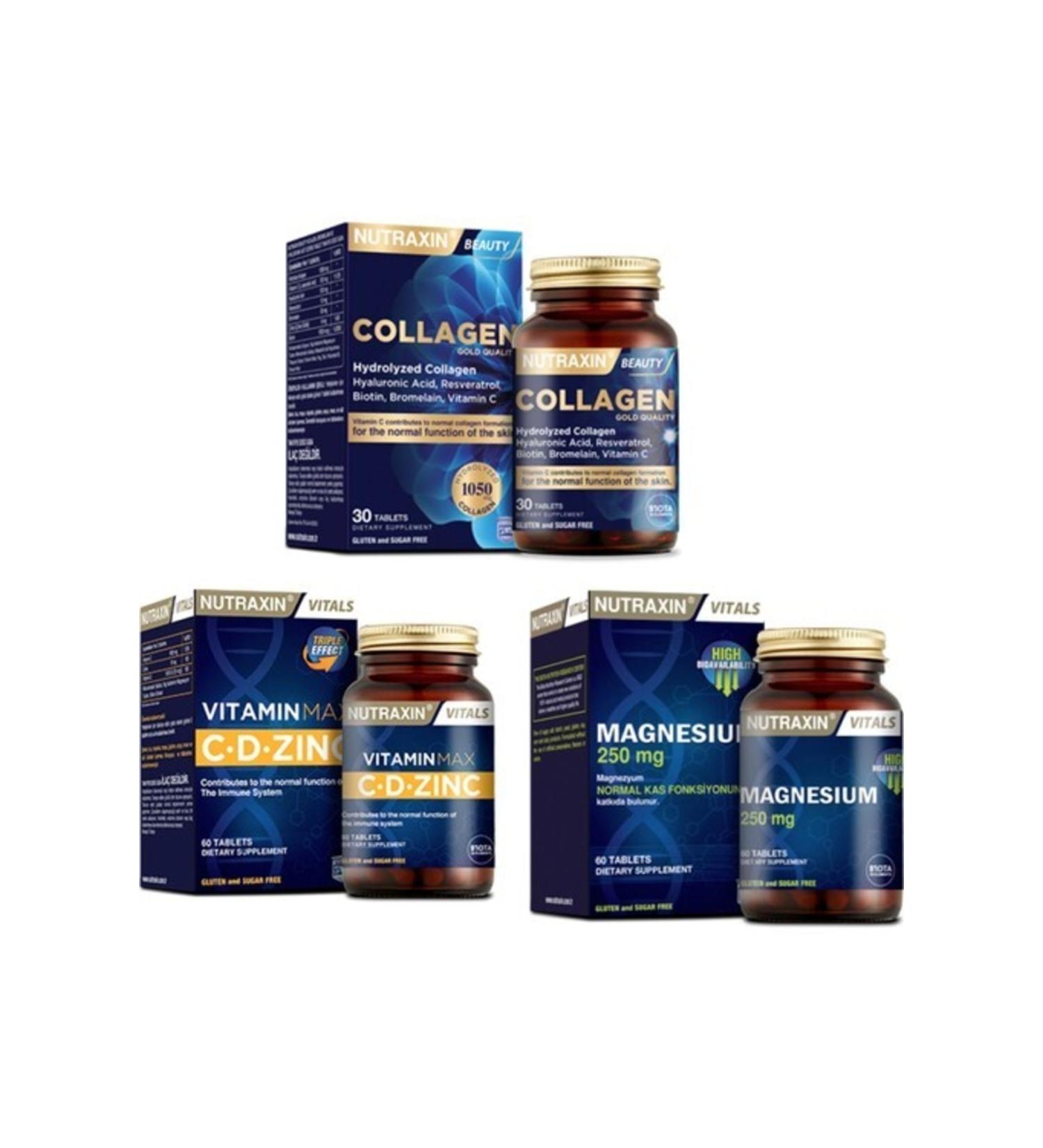 Nutraxin Hydrolyzed Collagen Hyaluronic Acid 30 Tablets Vitamin Max 60 Tablets Magnesium 60 Tablets
