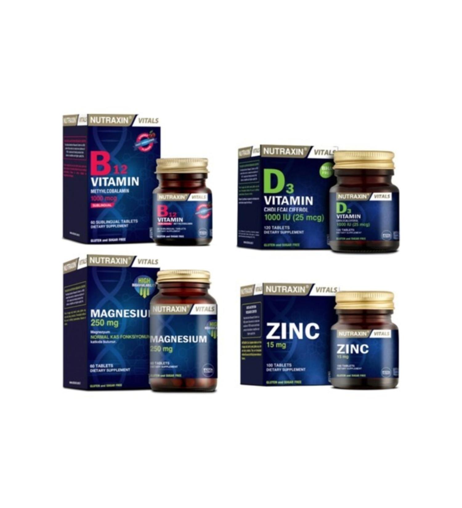 Nutraxin Vitamin B12 60 Sublingual Tablets + Vitamin D3 120 Tablets + Magnesium 60 Tablets + Zinc 15mg 100 T