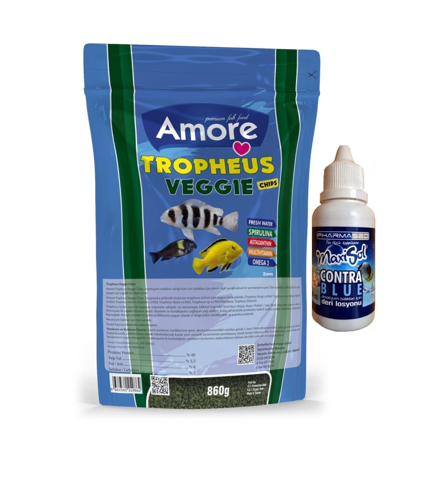 AMORE Tropheus Veggie Chips 860gr Easy-pack Green Algae Spirulina Aquarium Fish Food and Contra Blue
