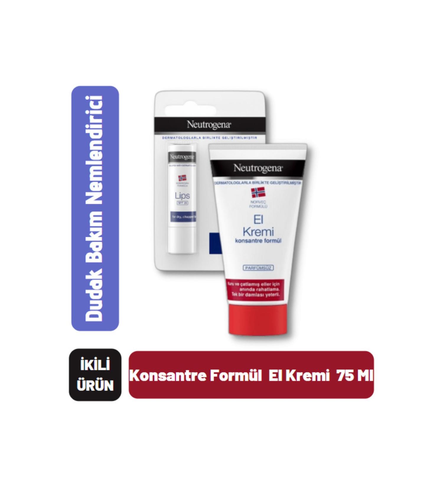 Neutrogena Unscented Concentrated Hand Cream 75 Ml + Lip Moisturizer with Sun Protection Factor (spf 20)