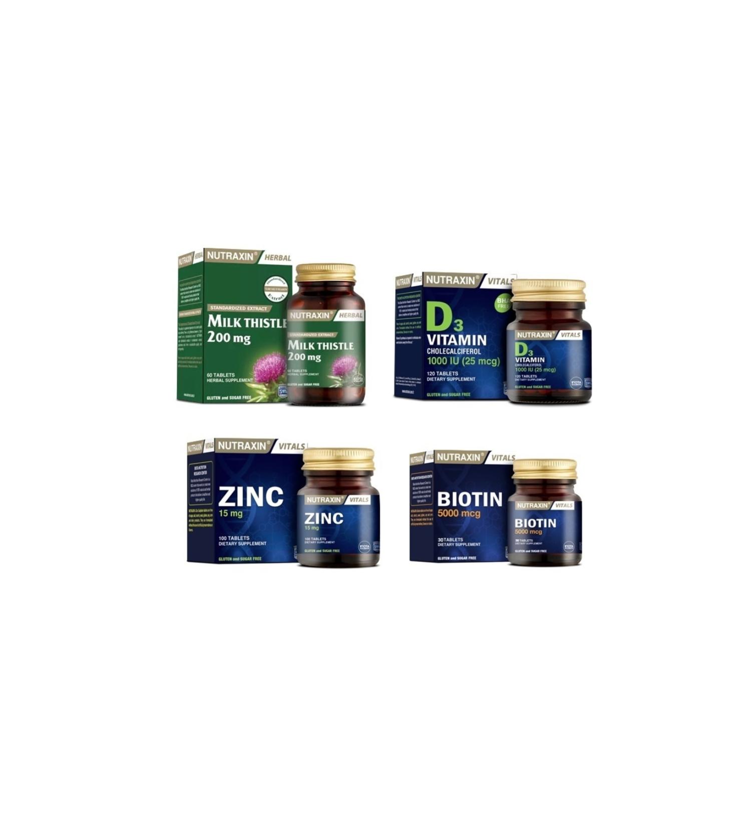 Nutraxin Milk Thistle 60 Tablets Biotin 30 Tablets Vitamin D3 120 Tablets Zinc 100 Tablets
