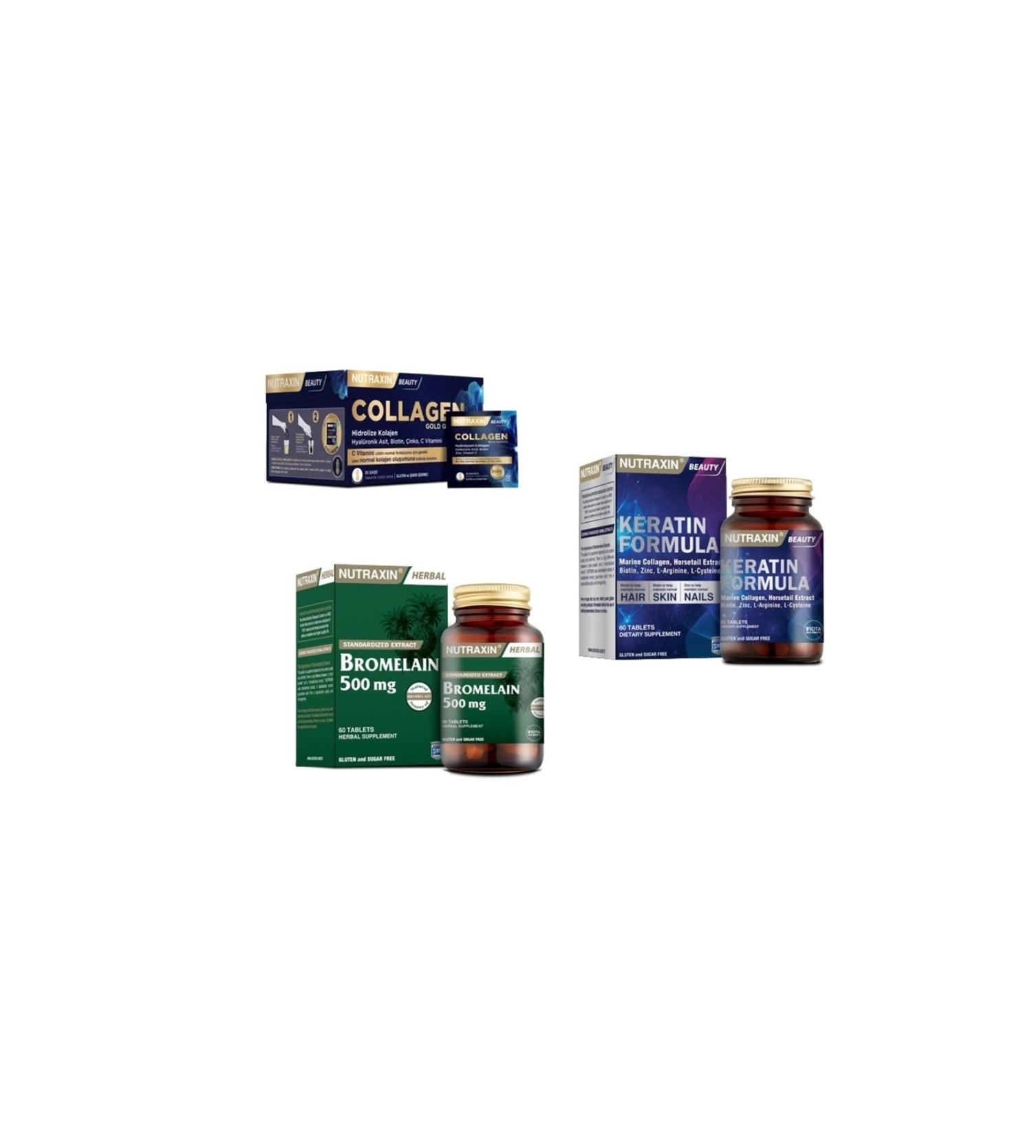 Nutraxin Collagen 30 Sachet 10000 Mg + Bromelain 60 Capsules + Keratin Formula 60 Tablets