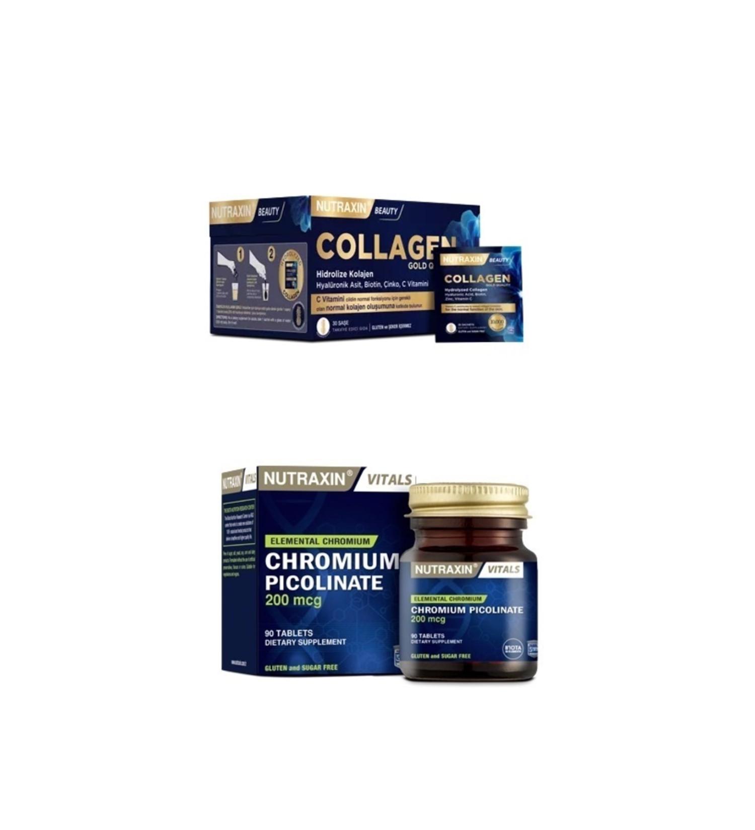 Nutraxin Collagen 30 Sachet 10000 Mg + Chromium Mineral Containing Food Supplement 90 Tablets