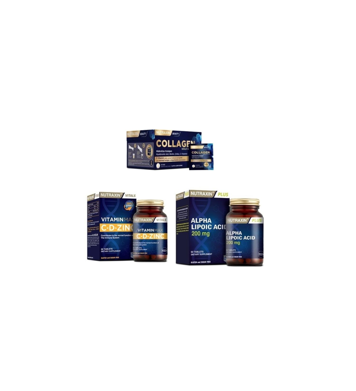 Nutraxin Collagen 30 Sachet 10000 Mg + Vitamin Max (c d zinc) 60 Tablets + Alpha Lipoic Acid 60 Tablets
