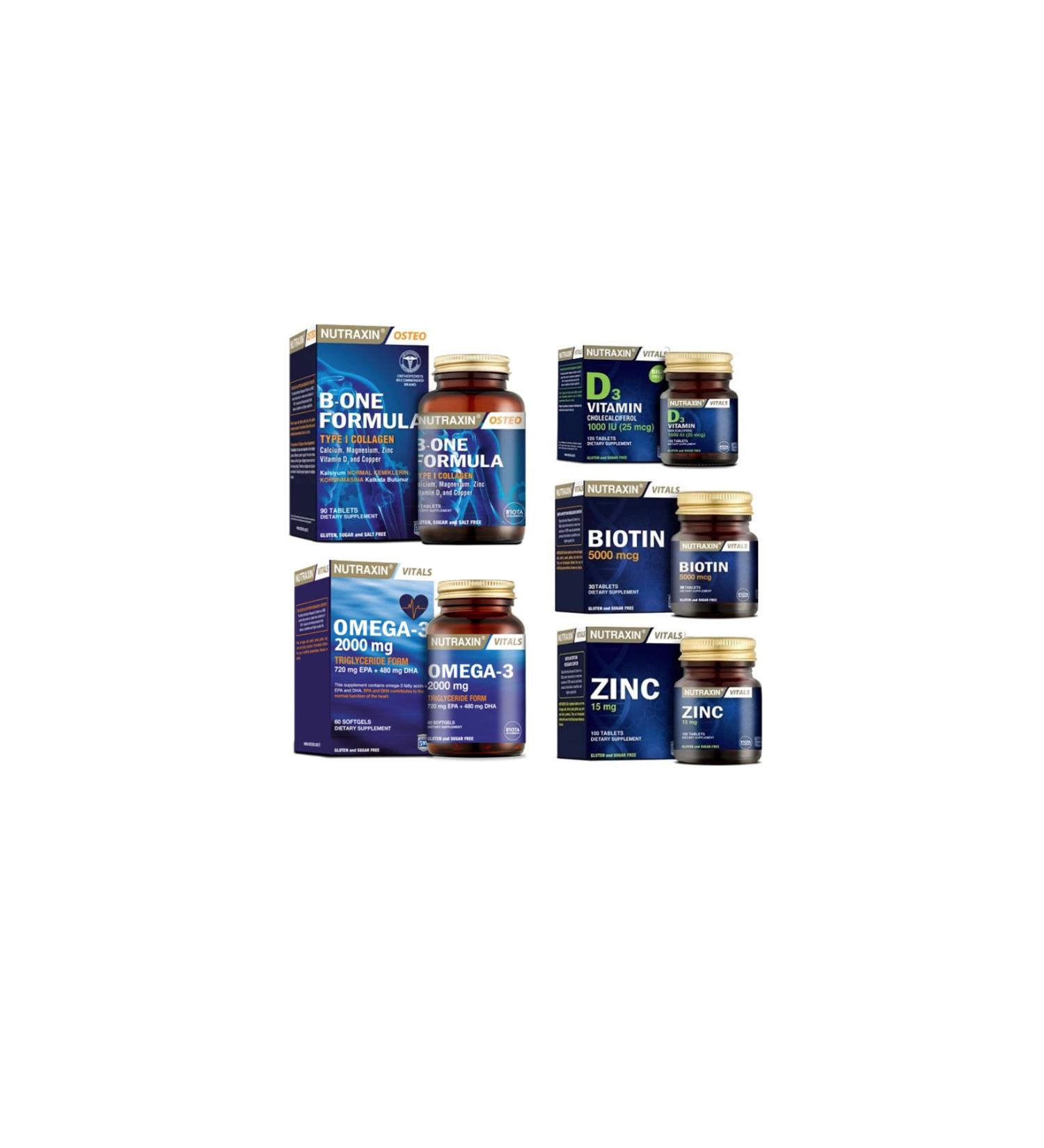 Nutraxin B-one Formula 90 Tablets + omega 3 2000 Mg 60 Capsules + biotin 30 Tablets + d3 Vitamin 120 T. + zinc 100 T.