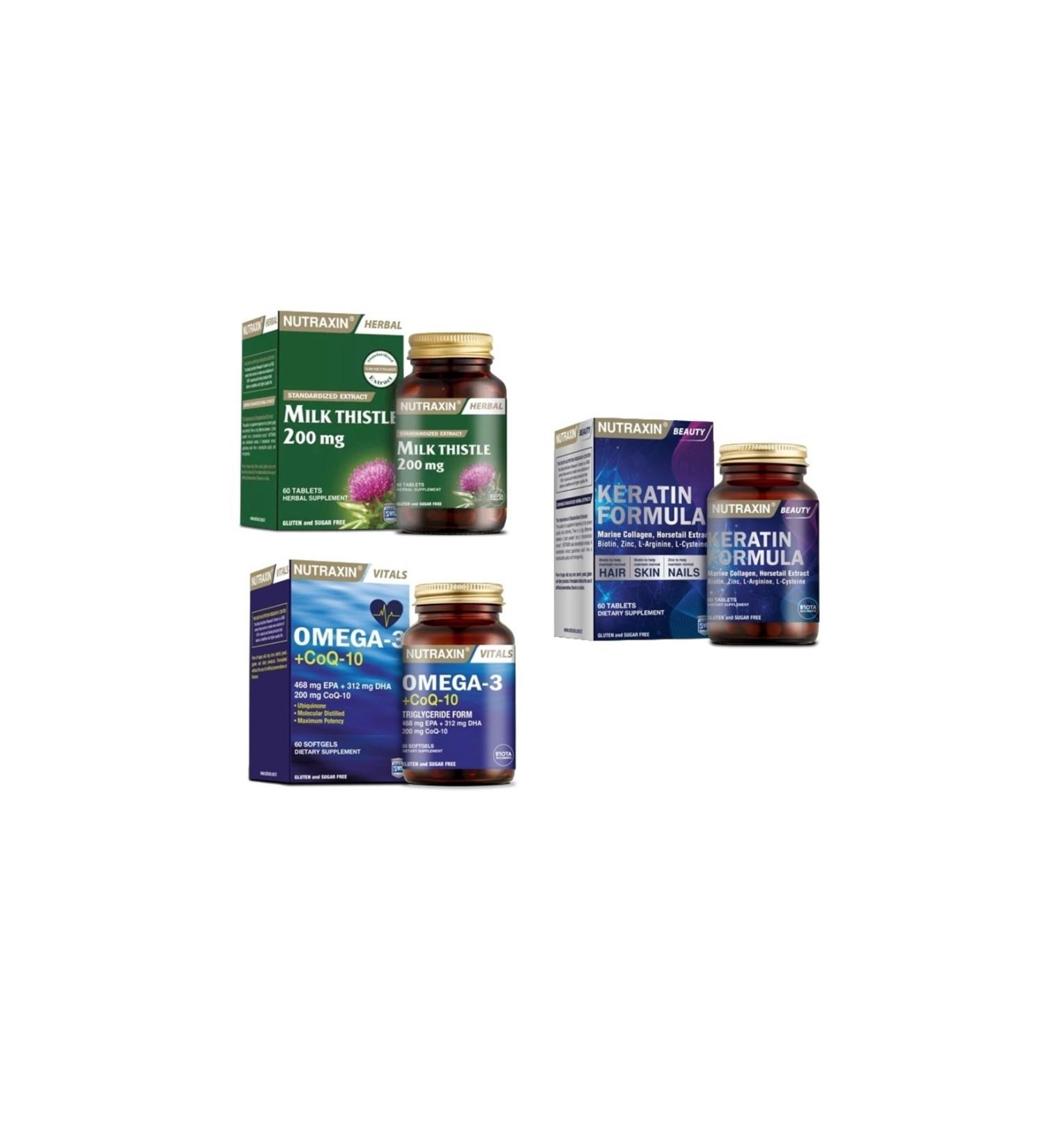Nutraxin Milk Thistle 60 Tablets + Omega 3 + coq-10 (coenzyme) 60 Capsules + Keratin Formula 60 Tablets