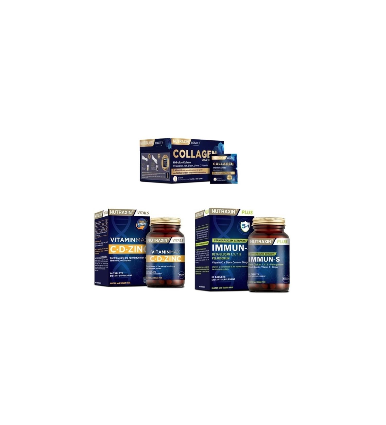 Nutraxin Collagen 30 Sachet 10000 Mg + Vitamin Max (c d zinc) 60 Tablets + Immun-s 60 Tablets