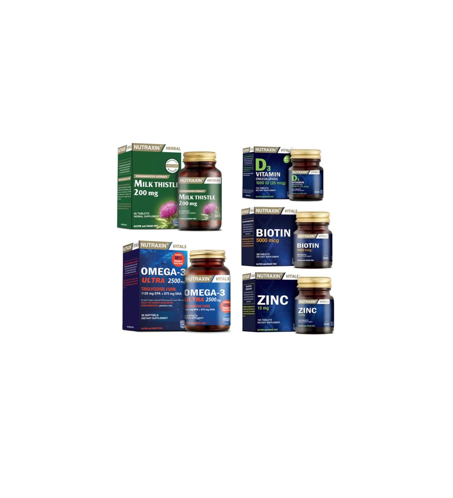 Nutraxin Milk Thistle 60 Tablets + omega 3 Ultra 30 Capsules + biotin 30 Tablets + d3 Vitamin 120 Tablets + zinc 100 T.