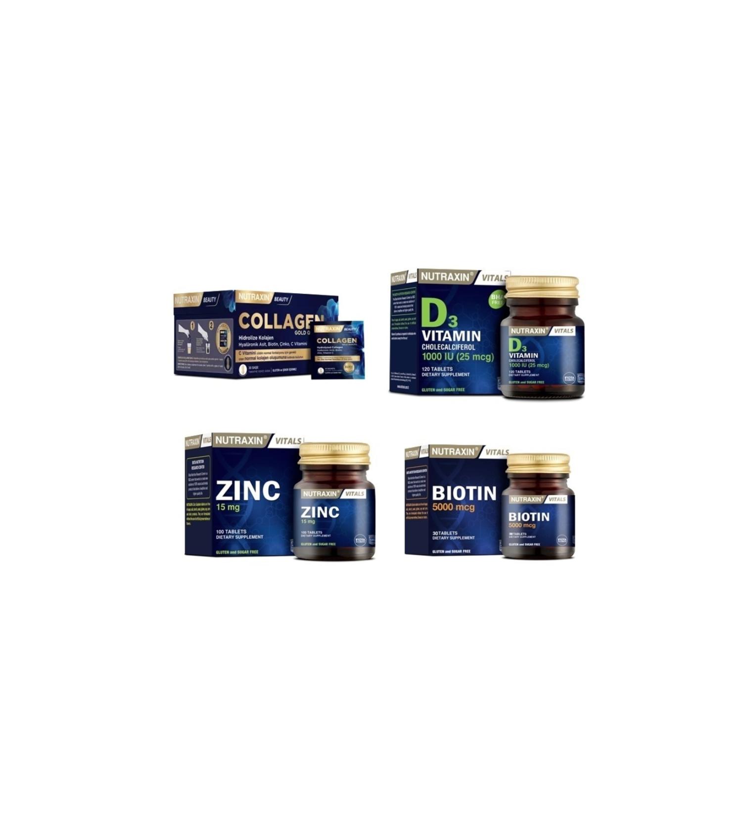 Nutraxin Collagen 30 Sachet 10000 Mg+biotin 30 Tablets+D3 Vitamin 120 Tablets+zinc 100 Tablets