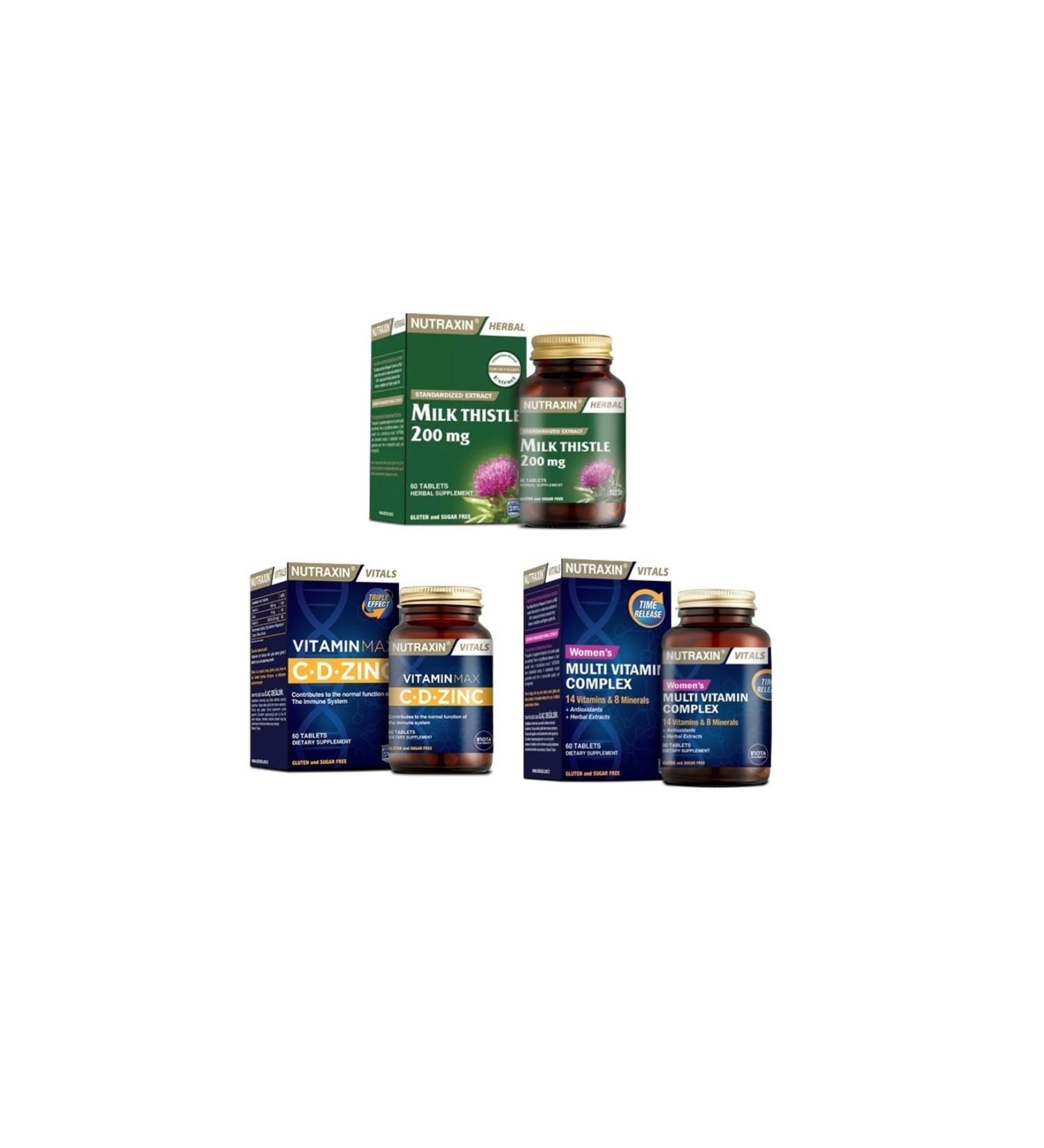 Nutraxin Milk Thistle 60 Tablets + Vitamin Max (c d zinc)60 Tablets + Women's Multivitamin 60 Tablets