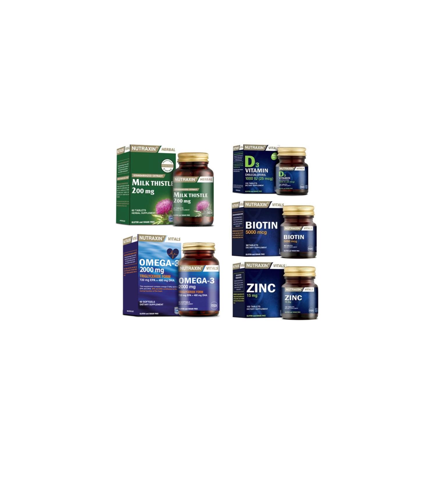Nutraxin Milk Thistle 60 Tablets + omega 3 2000 Mg 60 Capsules + biotin 30 Tablets + Vitamin D3 120 T. + zinc 100 T.