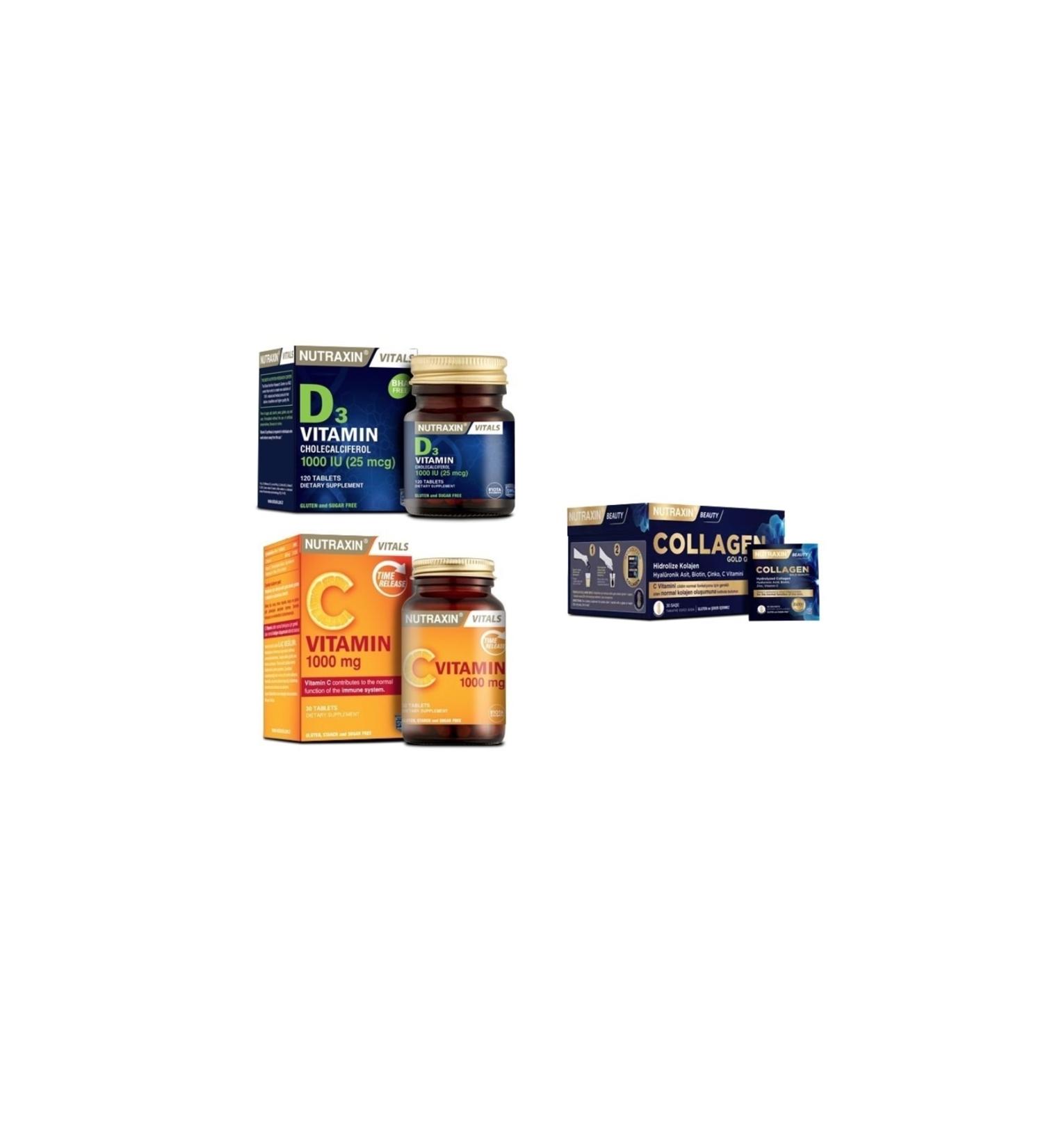 Nutraxin Collagen 30 Sachet 10000 Mg + Vitamin D3 120 Tablets + Vitamin C 30 Tablets