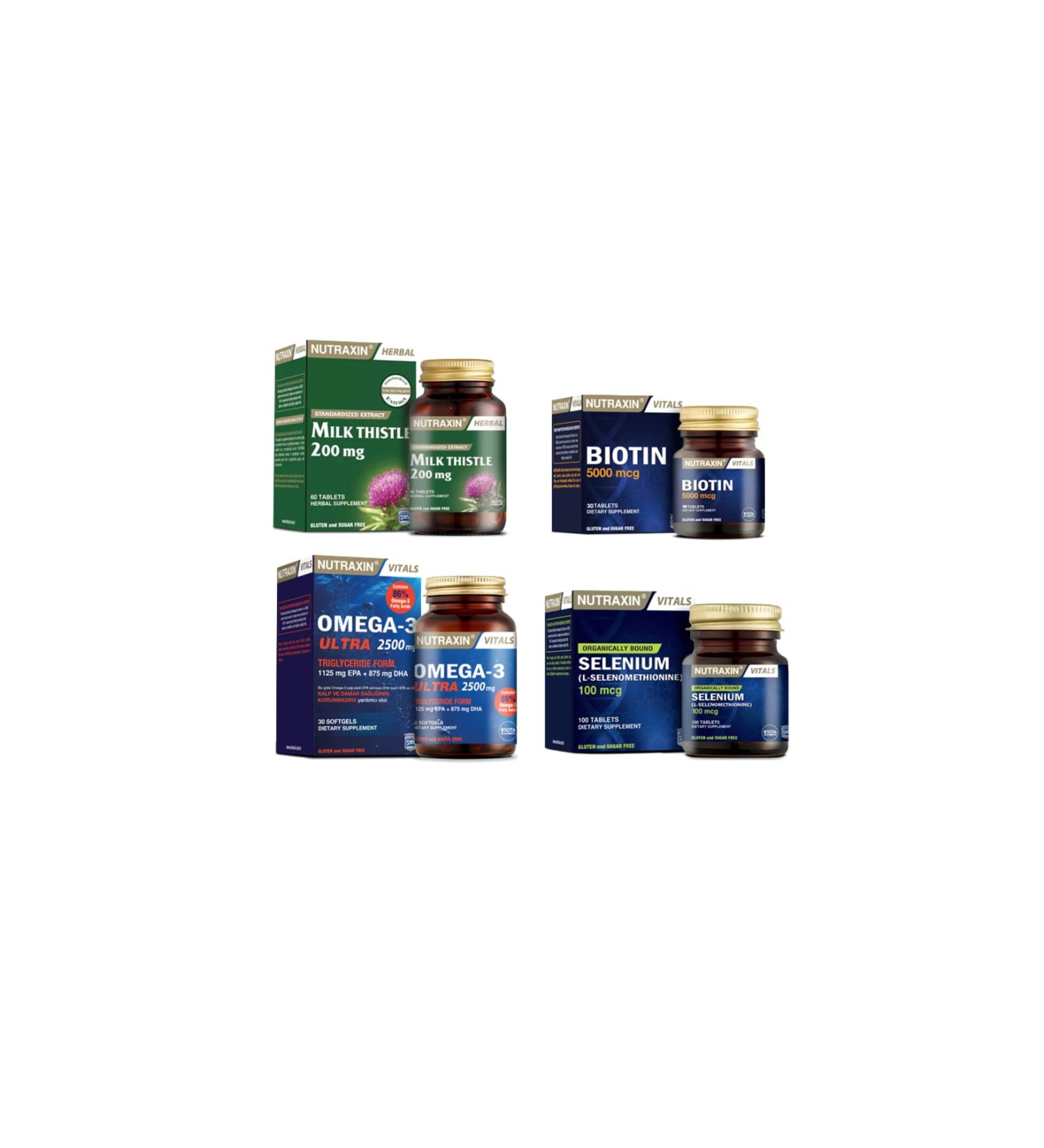 Nutraxin Milk Thistle 60 Tablets + Omega 3 Ultra 2500 Mg 30 Capsules + Biotin 30 Tablets + Selenium 100 Tablets