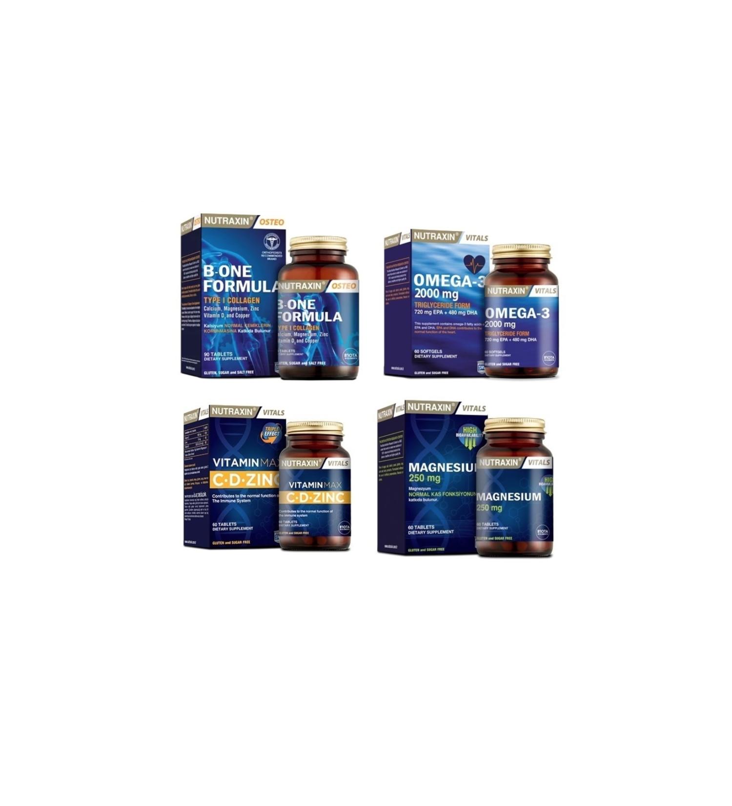 Nutraxin B-one Formula 90 Tablets + Omega 3 2000 Mg 60 Capsules + Vitamin Max (c d zinc) 60 Tablets + Magnesium
