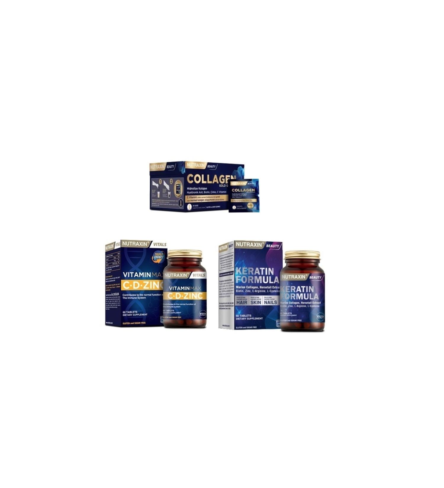 Nutraxin Collagen 30 Sachet 10000 Mg + Vitamin Max (c d zinc) 60 Tablets + Keratin for Hair and Nails