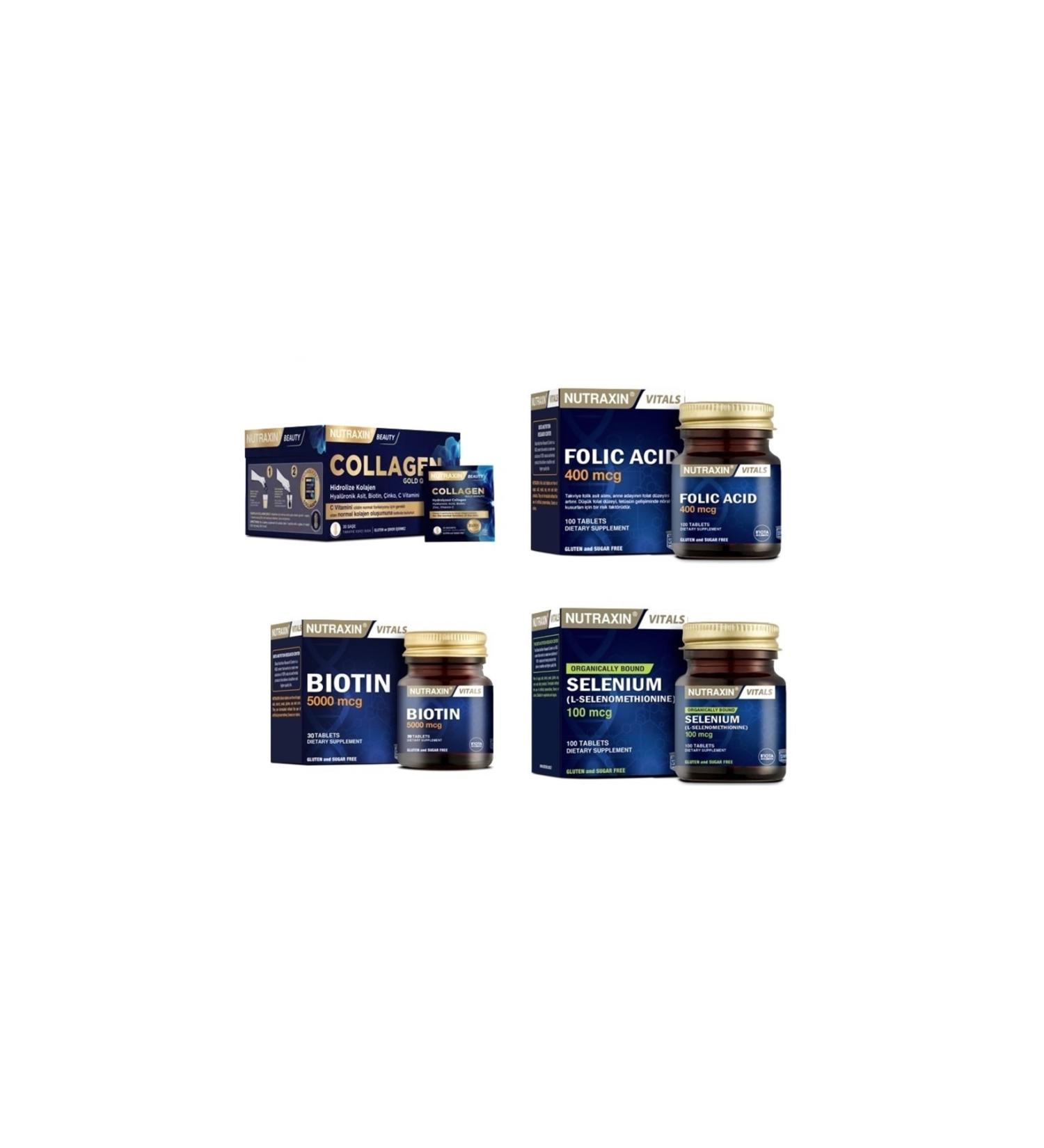 Nutraxin Collagen 30 Sachet 10000 Mg+selenium 100 Tablets+folic Acid 100 Tablets+biotin 30 Tablets