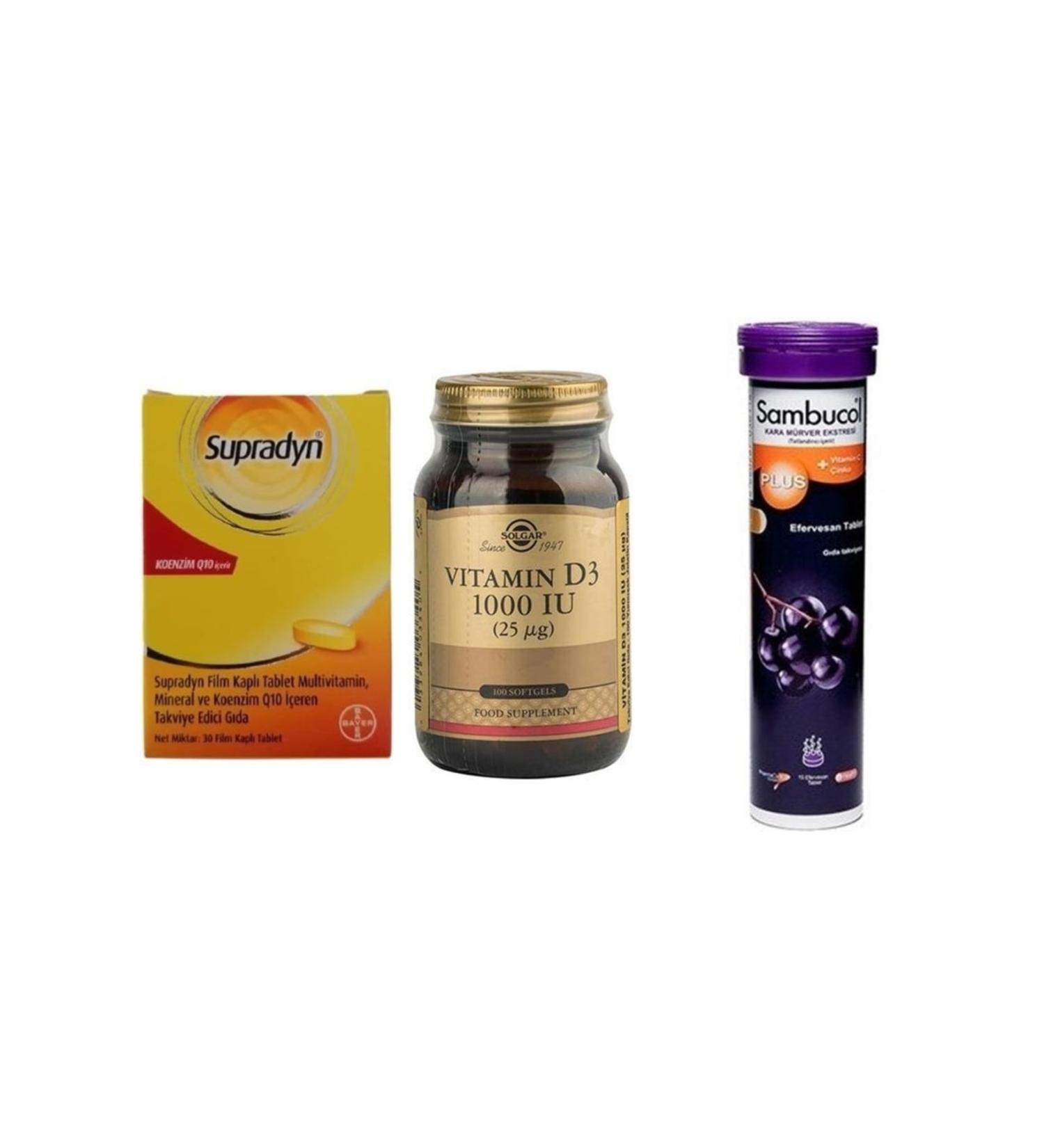 Solgar Supradyn Coenzyme Q10 30 Film Coated Tablets Vitamin D3 1000 Iu 100 Tablets Sambucol Plus Efferves - Buy Online on GoSupps.com
