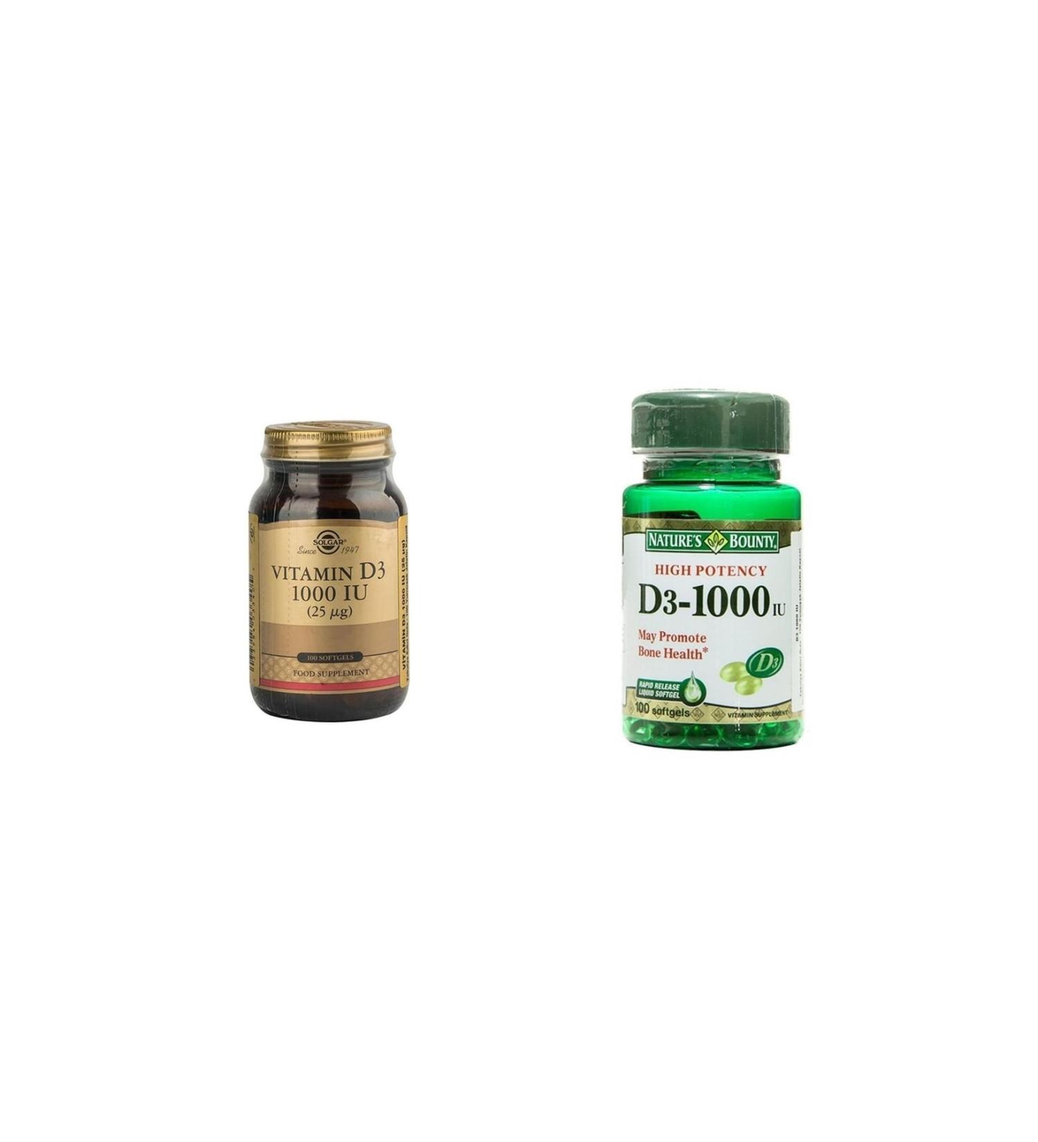 Solgar Vitamin D3 1000 Iu 100 Capsules + Nature's Bounty Vitamin D3 1000 Iu 100 Softgel - Buy Online on GoSupps.com