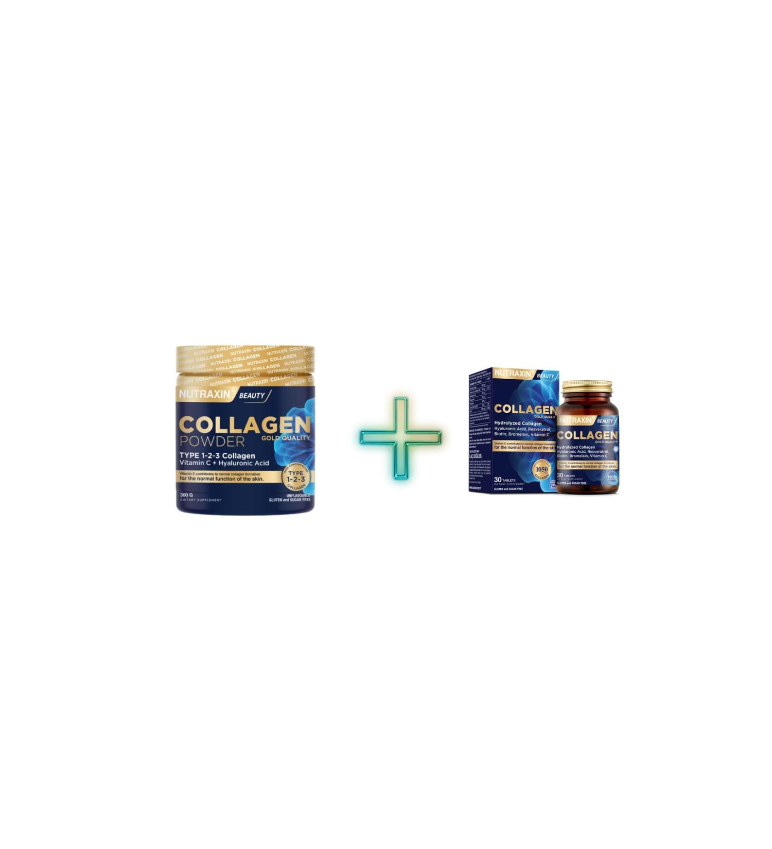 Nutraxin Collagen Powder Gold Quality 300 Gr + Hydrolyzed Collagen Hyaluronic Acid 30 Tablets