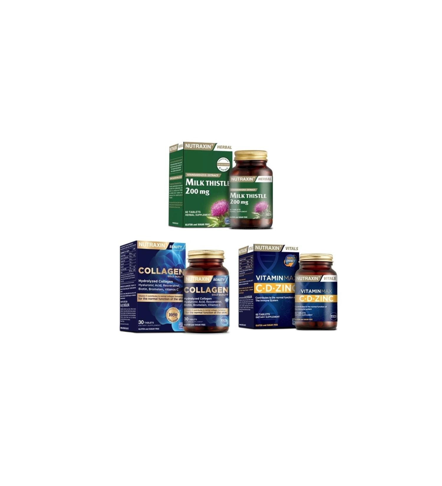 Nutraxin Milk Thistle 60 Tablets + Hydrolyzed Collagen 30 Tablets + Vitamin Max (c d zinc)60 Tablets
